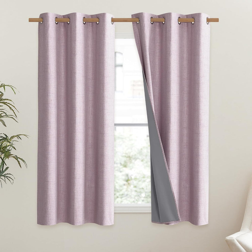 NICETOWN Pink Vintage Linen 100% Blackout Curtains for Dining Room, Thermal Insulated Curtains 45" Long, Noise Reducing Window Treatment…