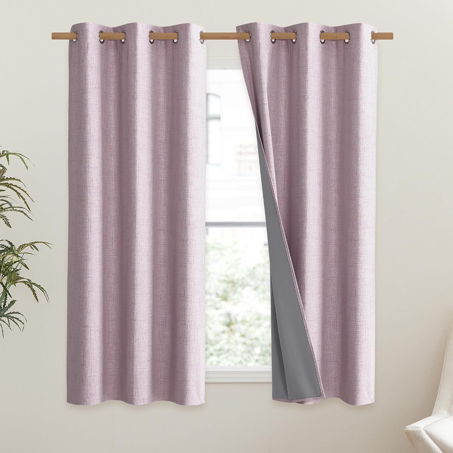 NICETOWN Pink Vintage Linen 100% Blackout Curtains for Dining Room, Thermal Insulated Curtains 54" Long, Noise Reducing Window Treatment…