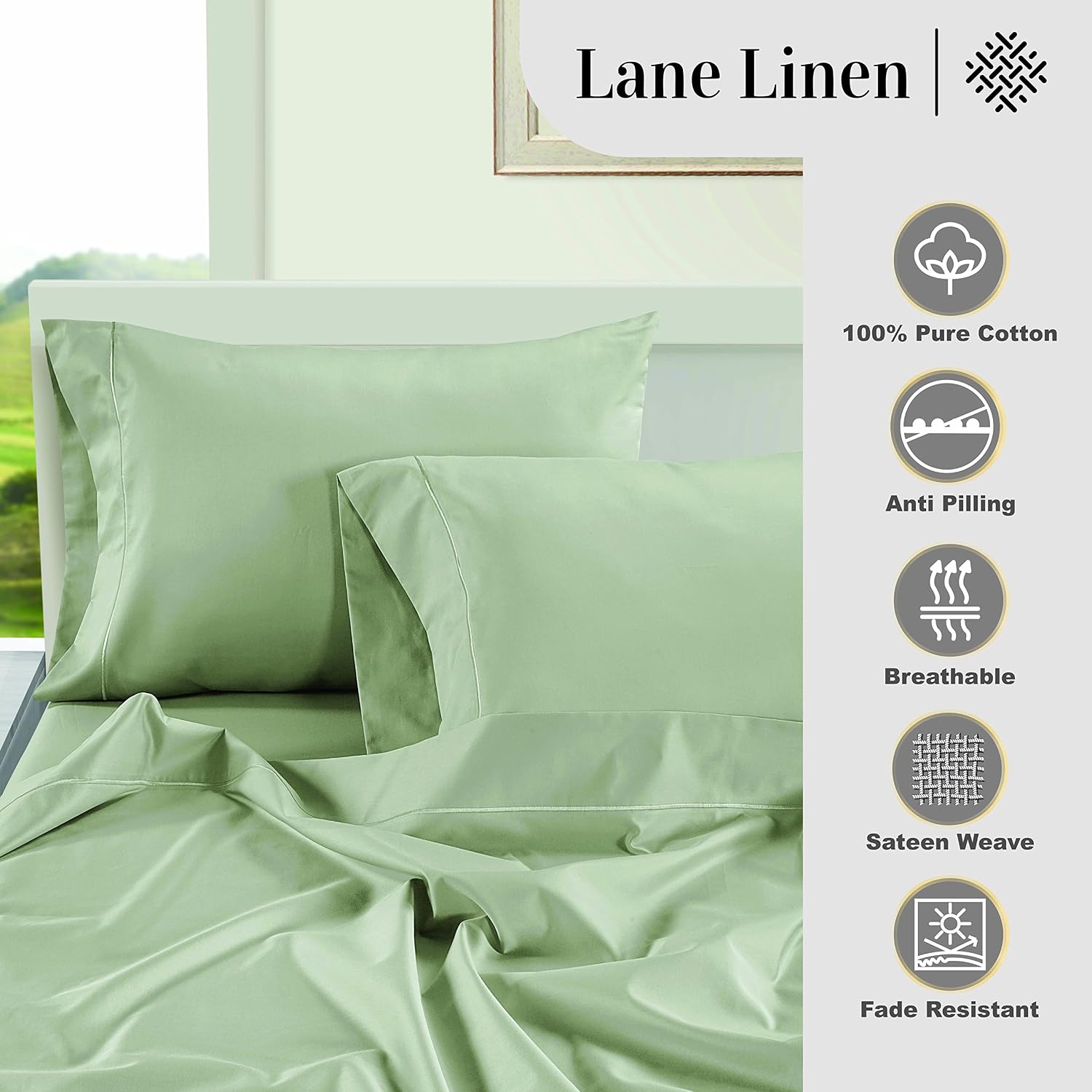 LaneLinen LANE LINEN Pillow Case Covers King Set of 2 100% Egyptian Cotton Sateen Soft Cool & Smooth Cases - Mineral Cotton