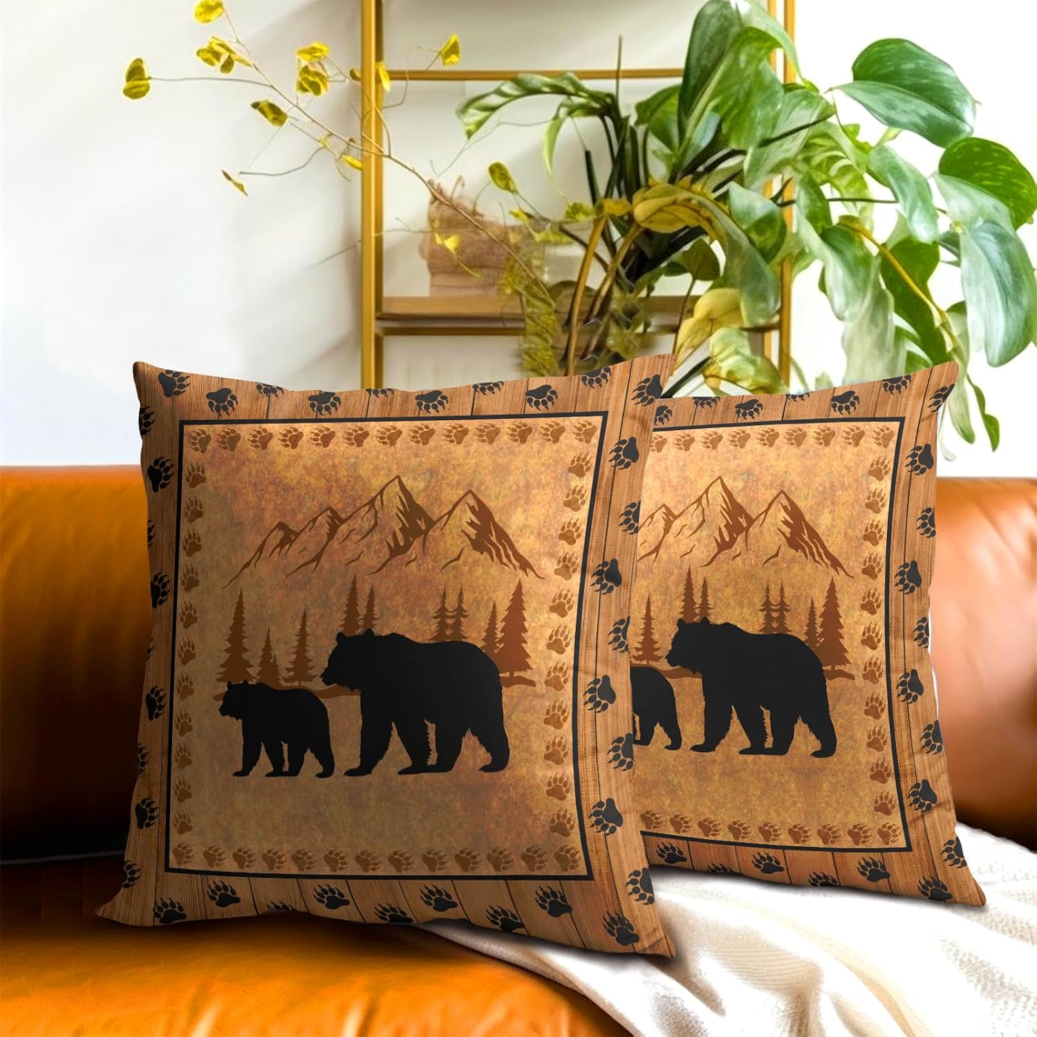 Bear Throw Pillow Covers 18x18 Inch Set of 2 Retro Brown Mountain Decorative Pillowcase Rustic Cabin Bear Hunting Animal Paw Prints…