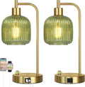 QiMH Industrial Table Lamp for Bedroom Set of 2, Green Glass Beside Lamp with USB A&C Ports, Stepless Dimmable Gold Lamps, Nightstand…
