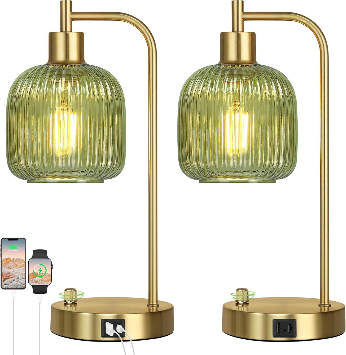 QiMH Industrial Table Lamp for Bedroom Set of 2, Green Glass Beside Lamp with USB A&C Ports, Stepless Dimmable Gold Lamps, Nightstand…