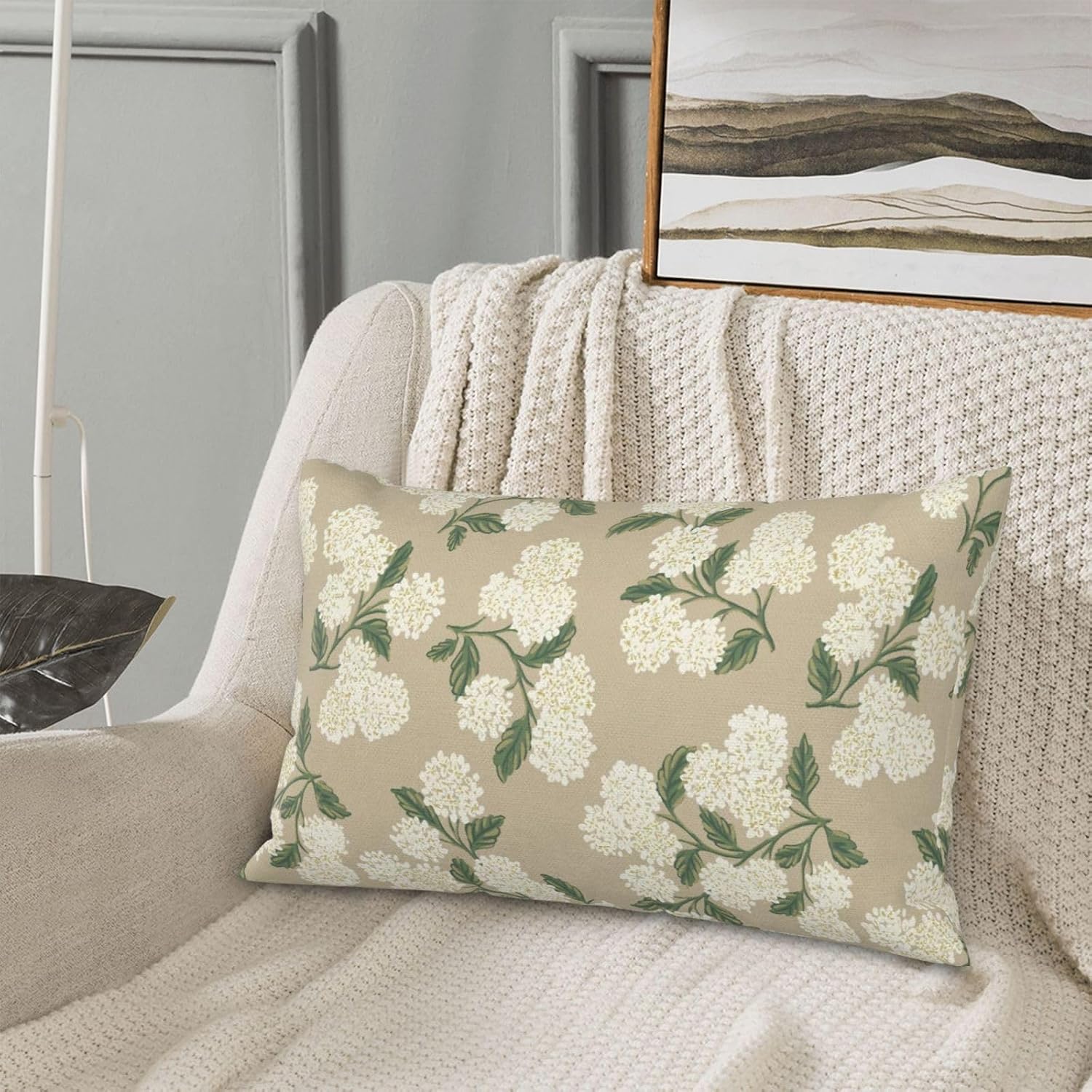 Beige Spring Pillow Covers 12x20 Inch 2 Pcs Khaki Green Hydrangea Flower Decor Throw Pillows Vintage Floral Seasonal Summer Outdoor…