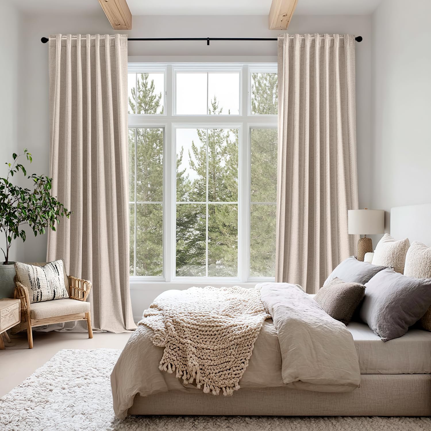 Miulee 100% Blackout Linen Curtains for Bedroom, Beige Solid Luxury Decor Thermal Insulation Room Darkening Drapes for Living Room Nursery…