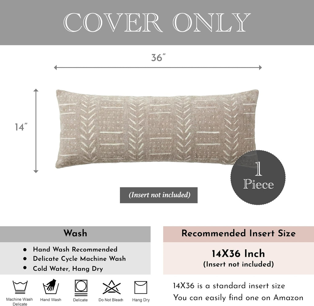 BlissBlush Decorative Long Lumbar Pillow Cover 14x36 for Bed, Taupe Soft Woven Chenille Accent Pillow Cover for Bedroom Couch Sofa…