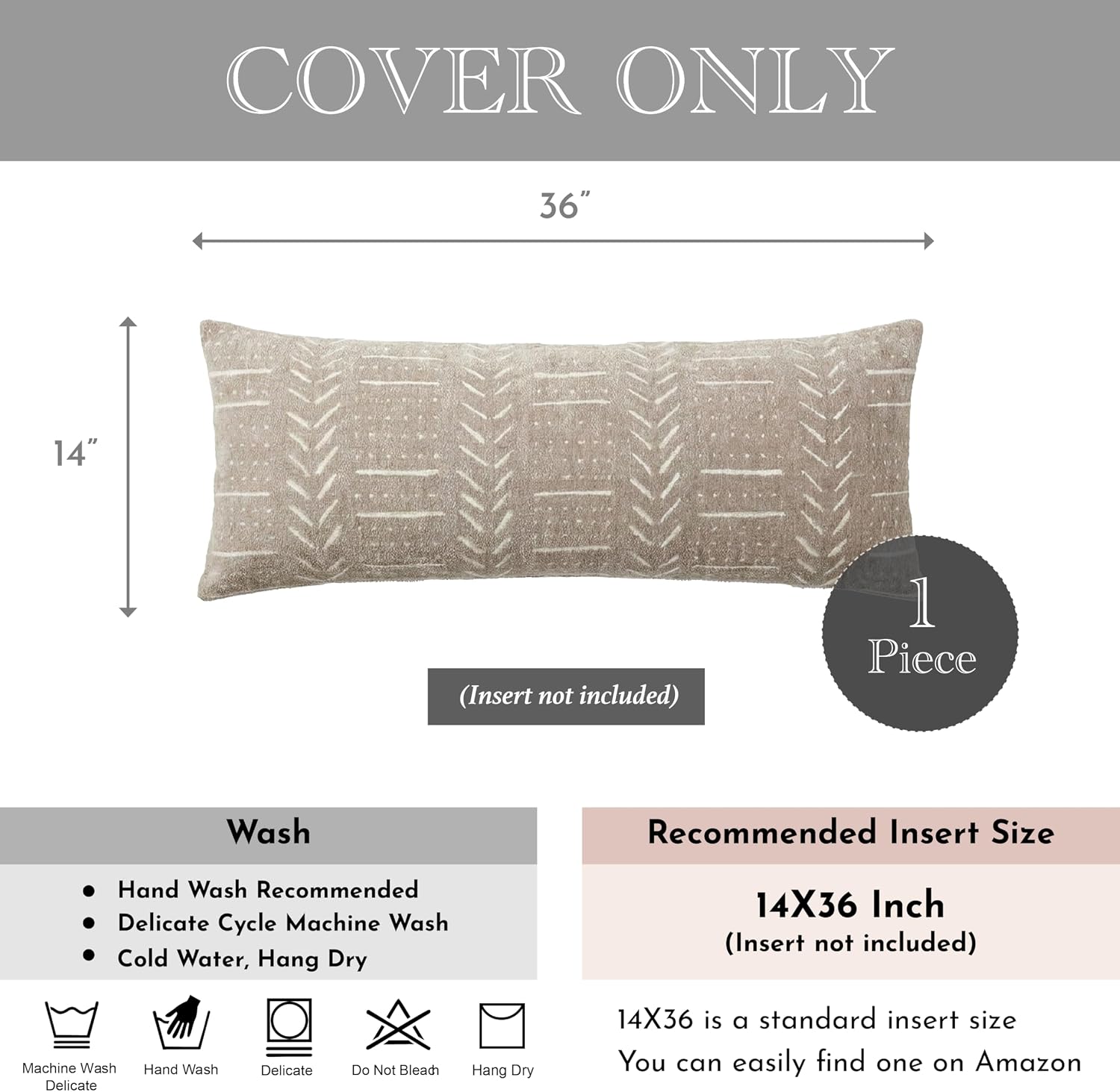 BlissBlush Decorative Long Lumbar Pillow Cover 14x36 for Bed, Taupe Soft Woven Chenille Accent Pillow Cover for Bedroom Couch Sofa…