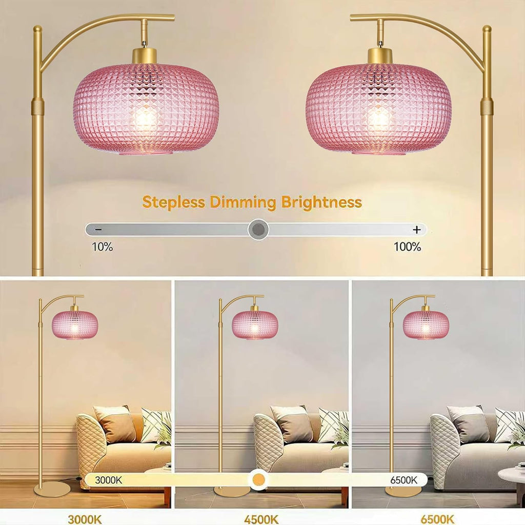 Glass Floor Lamp for Living Room, Modern Tall Standing Lamp with Pink Glass Lamp Shade, Dimmable Gold Tall Floor Lamp for Bedroom Office…