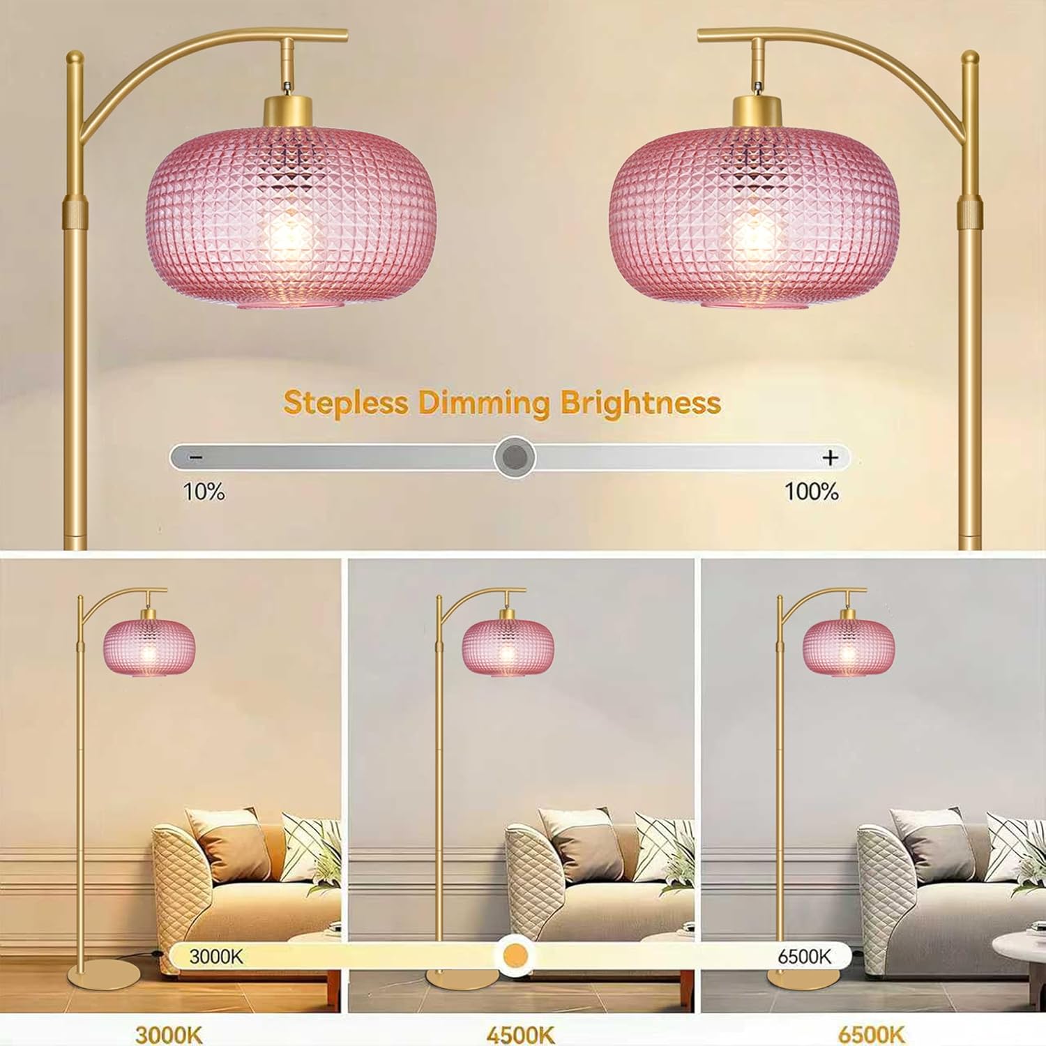 Glass Floor Lamp for Living Room, Modern Tall Standing Lamp with Pink Glass Lamp Shade, Dimmable Gold Tall Floor Lamp for Bedroom Office…