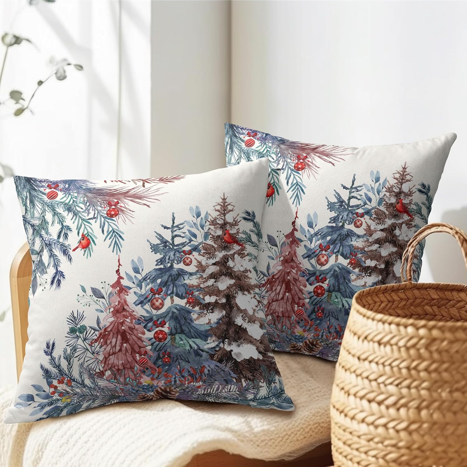 Granbey Christmas Tree Throw Pillow Covers 22x22 Inch Set of 2 Winter Watercolor Pine Trees Red Berry Bells Birds Decorative Pillowcase Xma…
