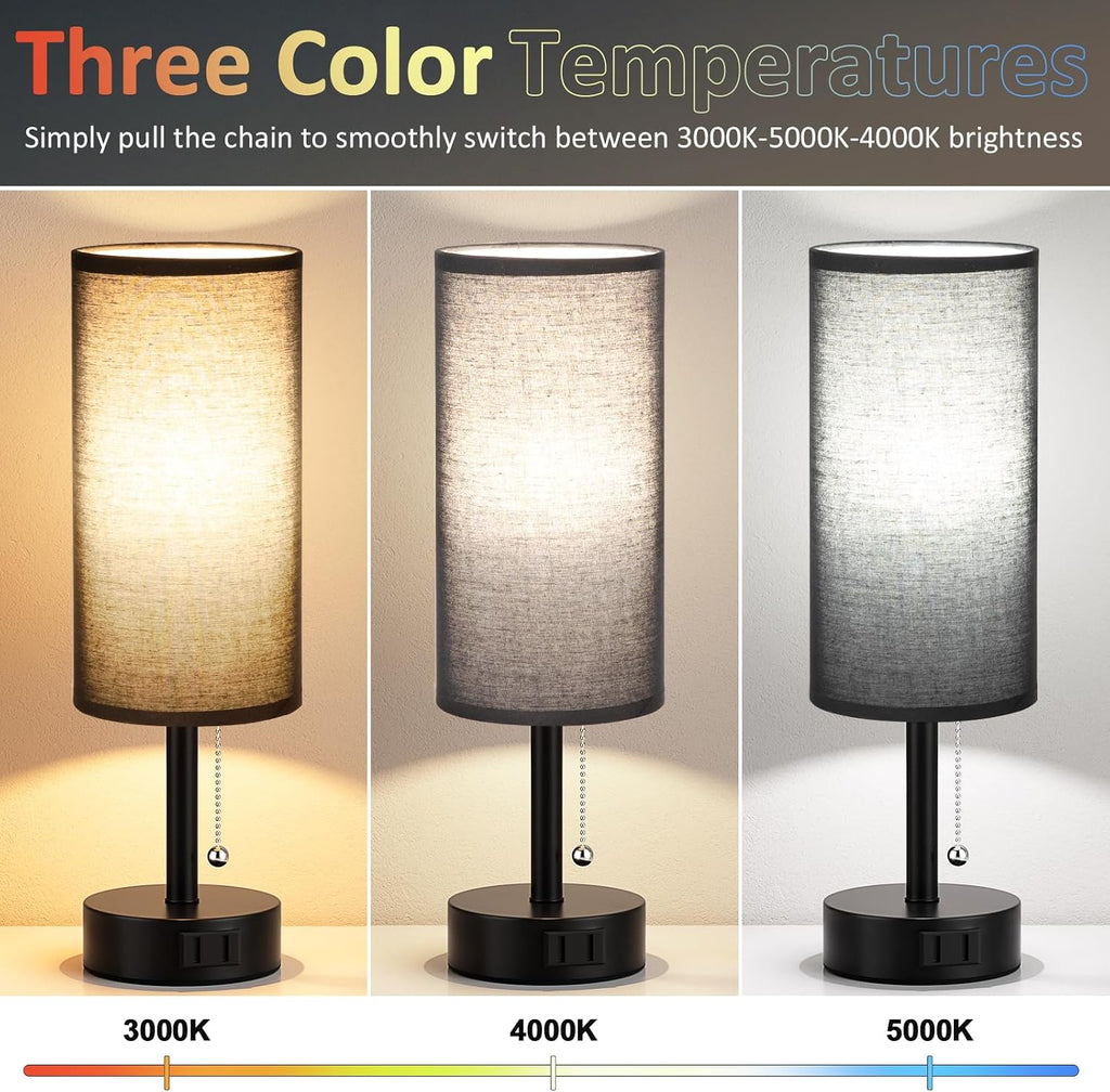 Fenmzee Black Bedside Table Lamps Set of 2-3 Color Temperatures Pull Chain Lamp with AC Outlet Charging Port, Round Night Stand Lamps for…