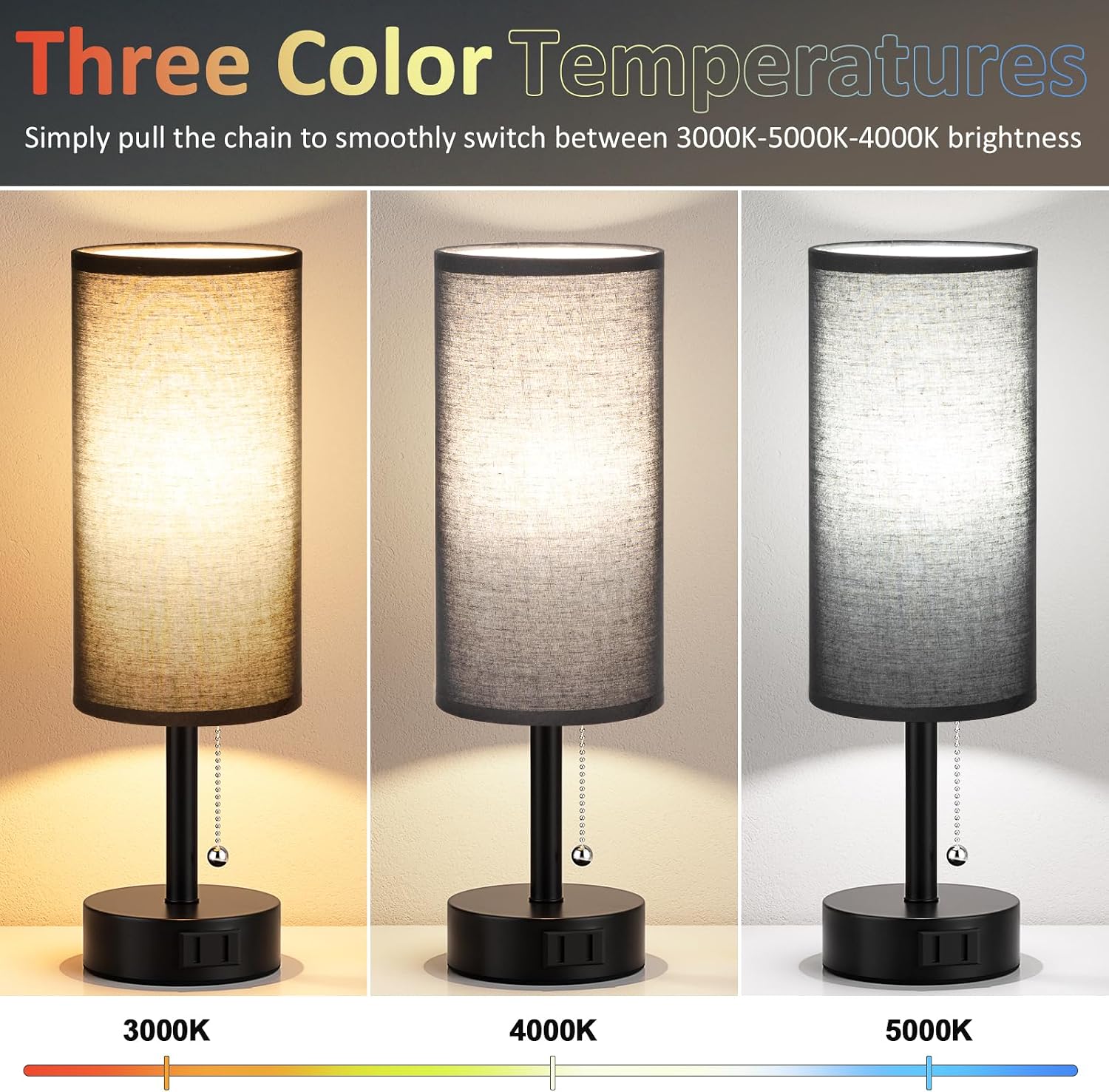 Fenmzee Black Bedside Table Lamps Set of 2-3 Color Temperatures Pull Chain Lamp with AC Outlet Charging Port, Round Night Stand Lamps for…
