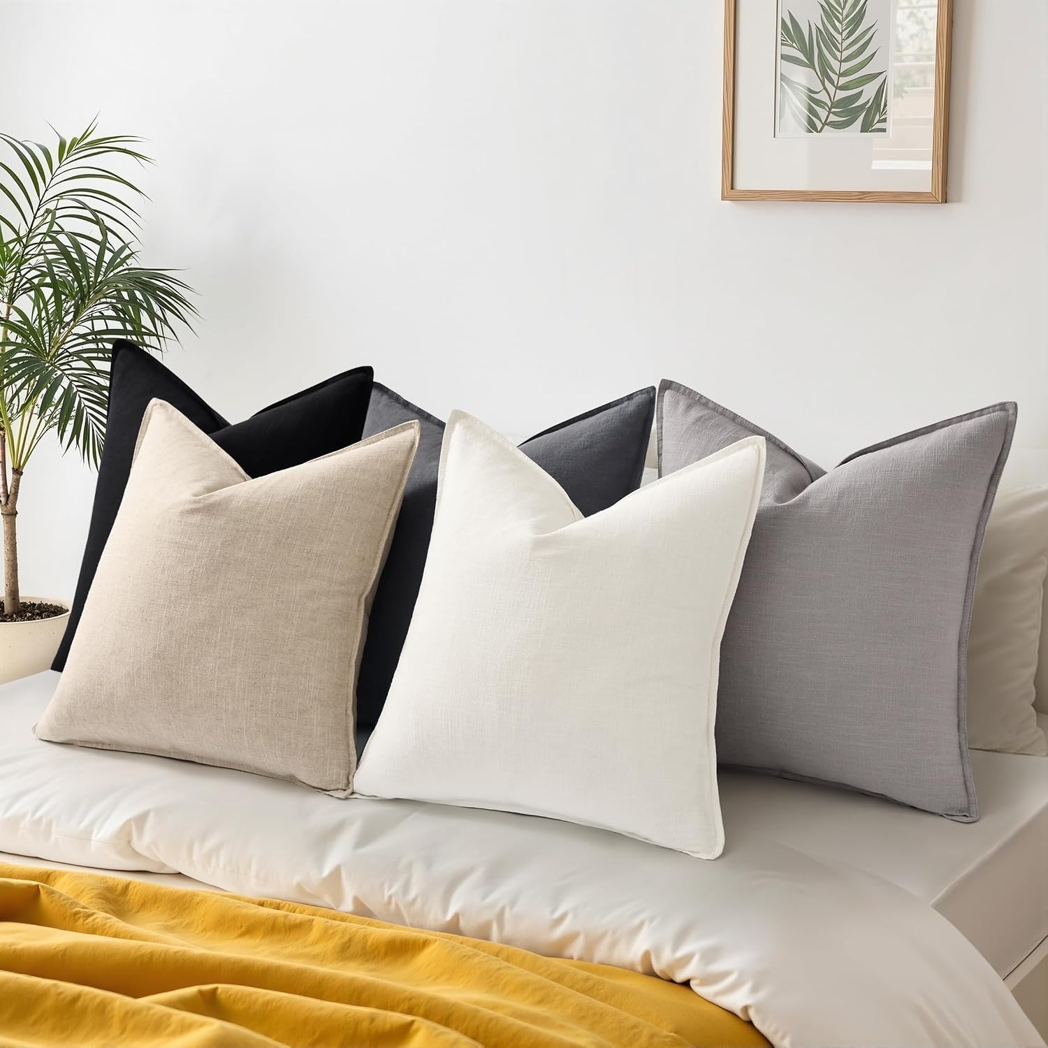 decorUhome Summer Decorative Linen Euro Sham Throw Pillow Covers 26x26 Inch Set of 2 Light Grey Pillow Covers with Flange Edges Soft Farmho…