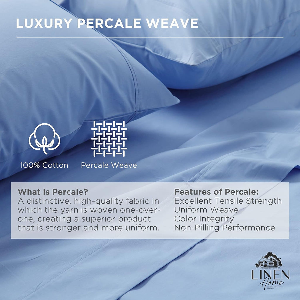 Linen Home 100% Cotton Percale Pillowcases King Size, Baby Blue, 2 Pieces of Pillow Case, Crisp and Cool Strong Bed Linen, 20 inches X 36…