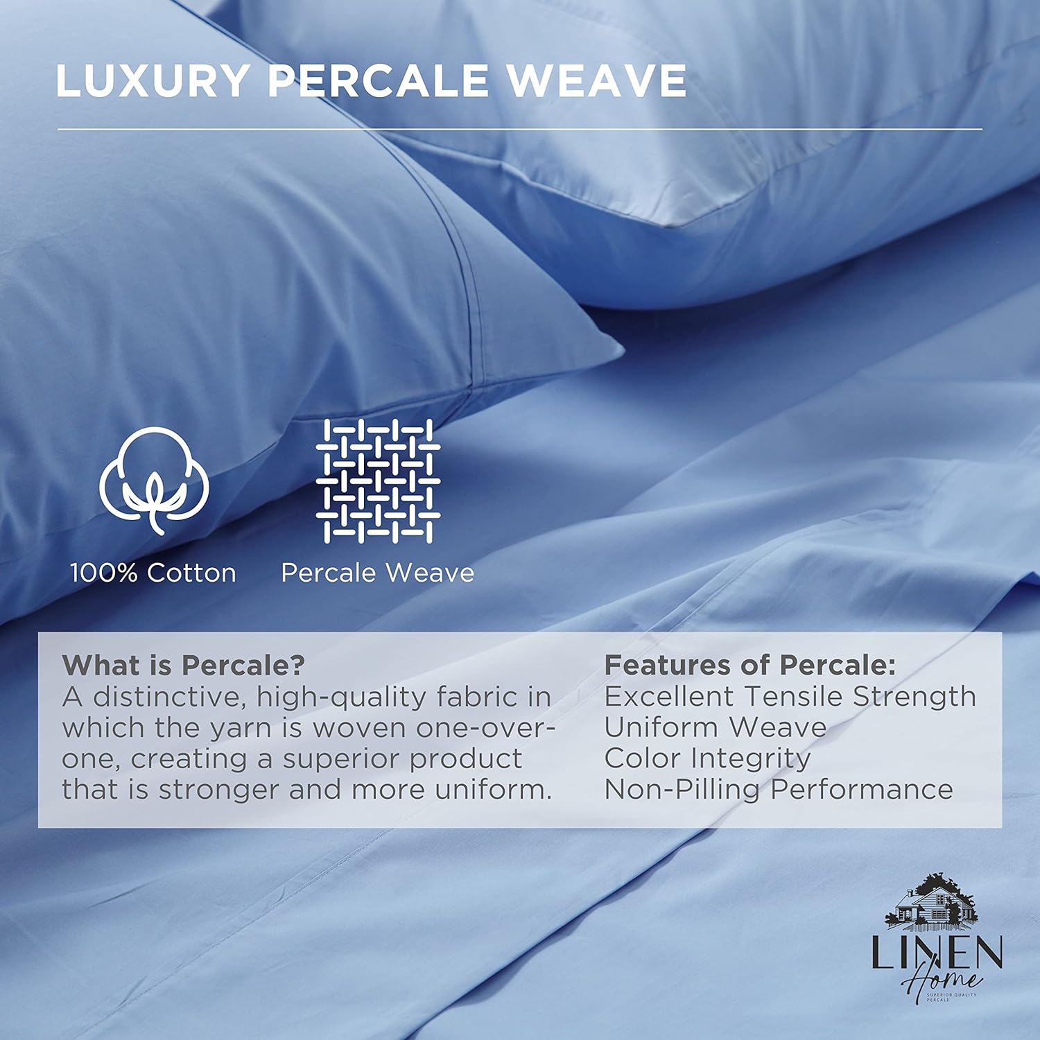 Linen Home 100% Cotton Percale Pillowcases King Size, Baby Blue, 2 Pieces of Pillow Case, Crisp and Cool Strong Bed Linen, 20 inches X 36…