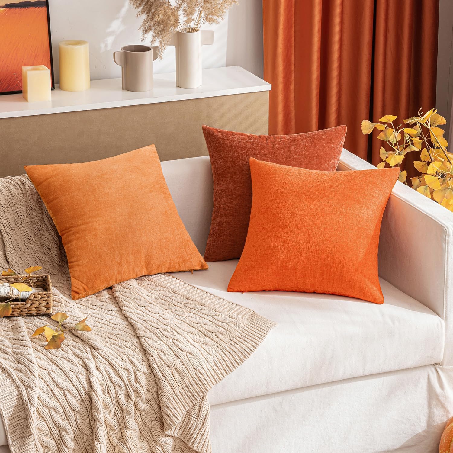 Miulee Pack of 2 Bright Orange Throw Pillow Covers 12x20 Inch Soft Chenille Lumbar Pillow Covers for Sofa Living Room Couch Solid Dyed Cases