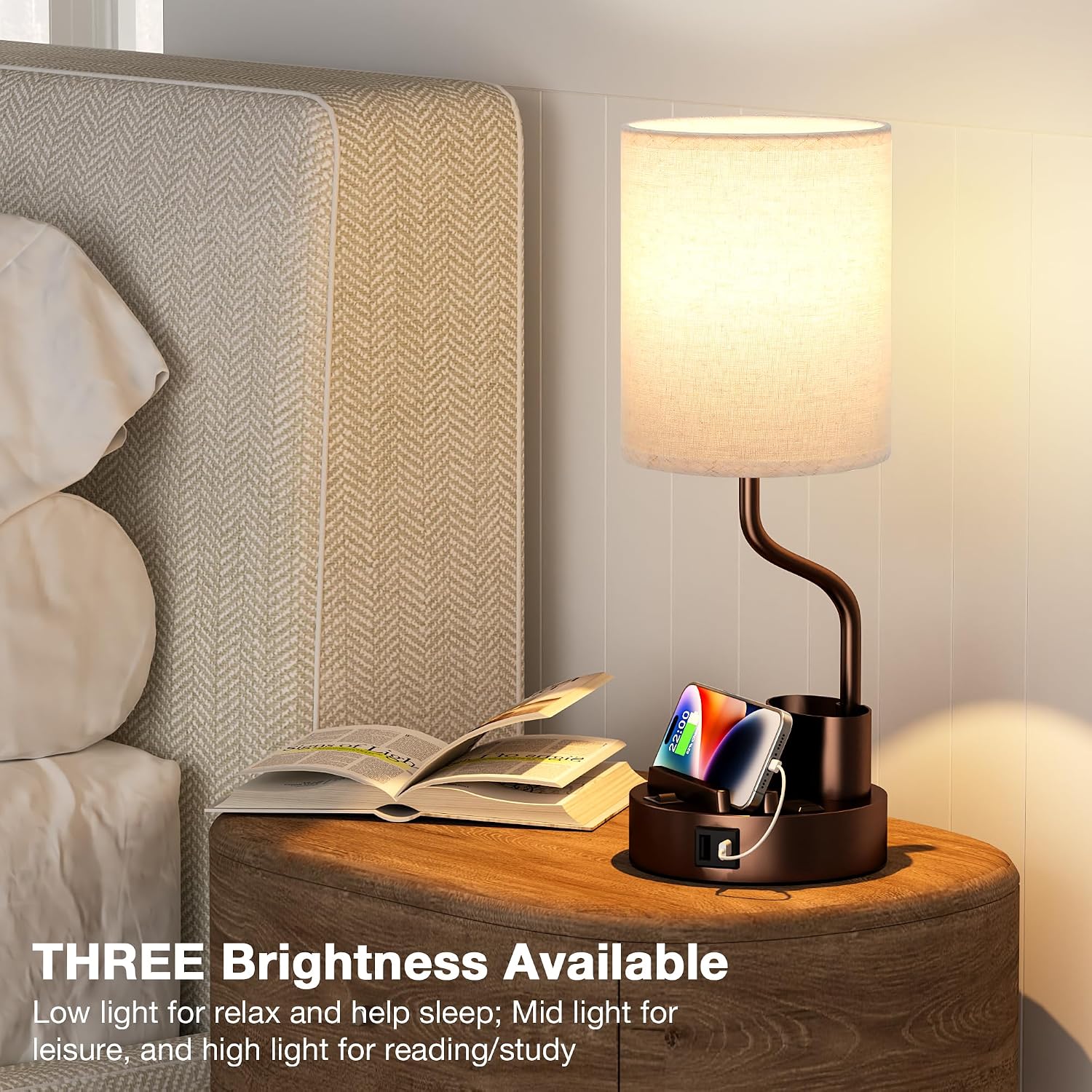 Bedside Table Lamps for Bedroom Set of 2 - Beige Nightstand Lamp with AC Outlet Charging Port and USB A C, 3 Color Temperatures, Included…
