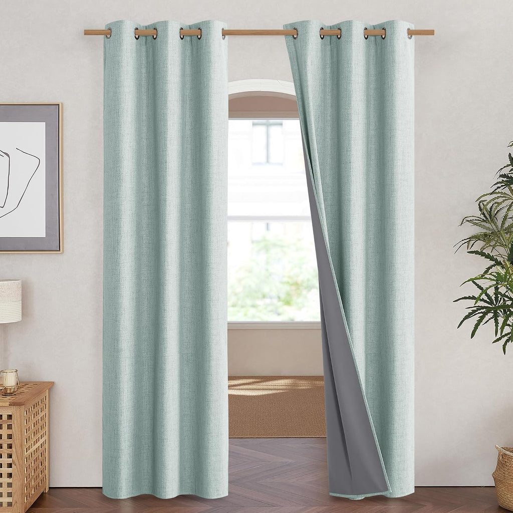 NICETOWN 100% Absolutely Blackout Linen Curtains with Thermal Insulated White Liner, Seafoam Green, 42" Wide, 84" Length Energy Saving…