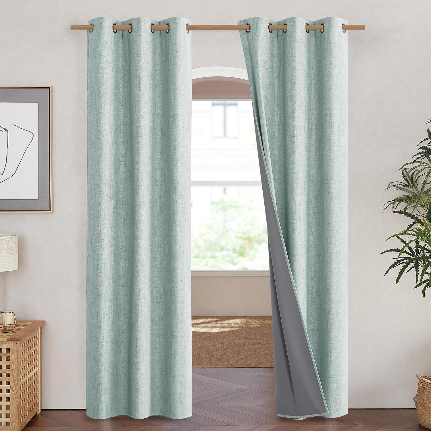 NICETOWN 100% Absolutely Blackout Linen Curtains with Thermal Insulated White Liner, Seafoam Green, 42" Wide, 84" Length Energy Saving…