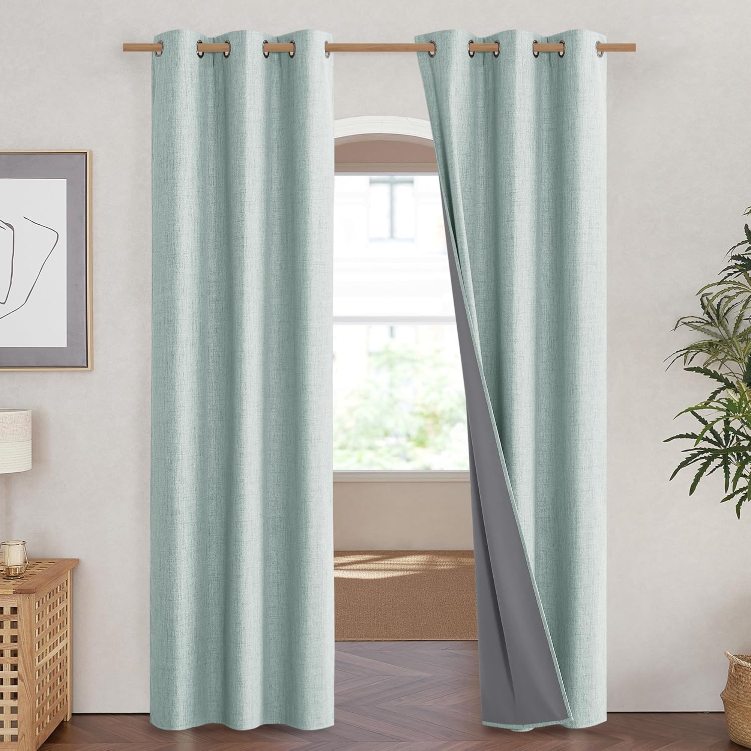 NICETOWN 100% Absolutely Blackout Linen Curtains with Thermal Insulated Liner, Seafoam Green, 42" Wide, 90" Length Energy Saving Curtains…