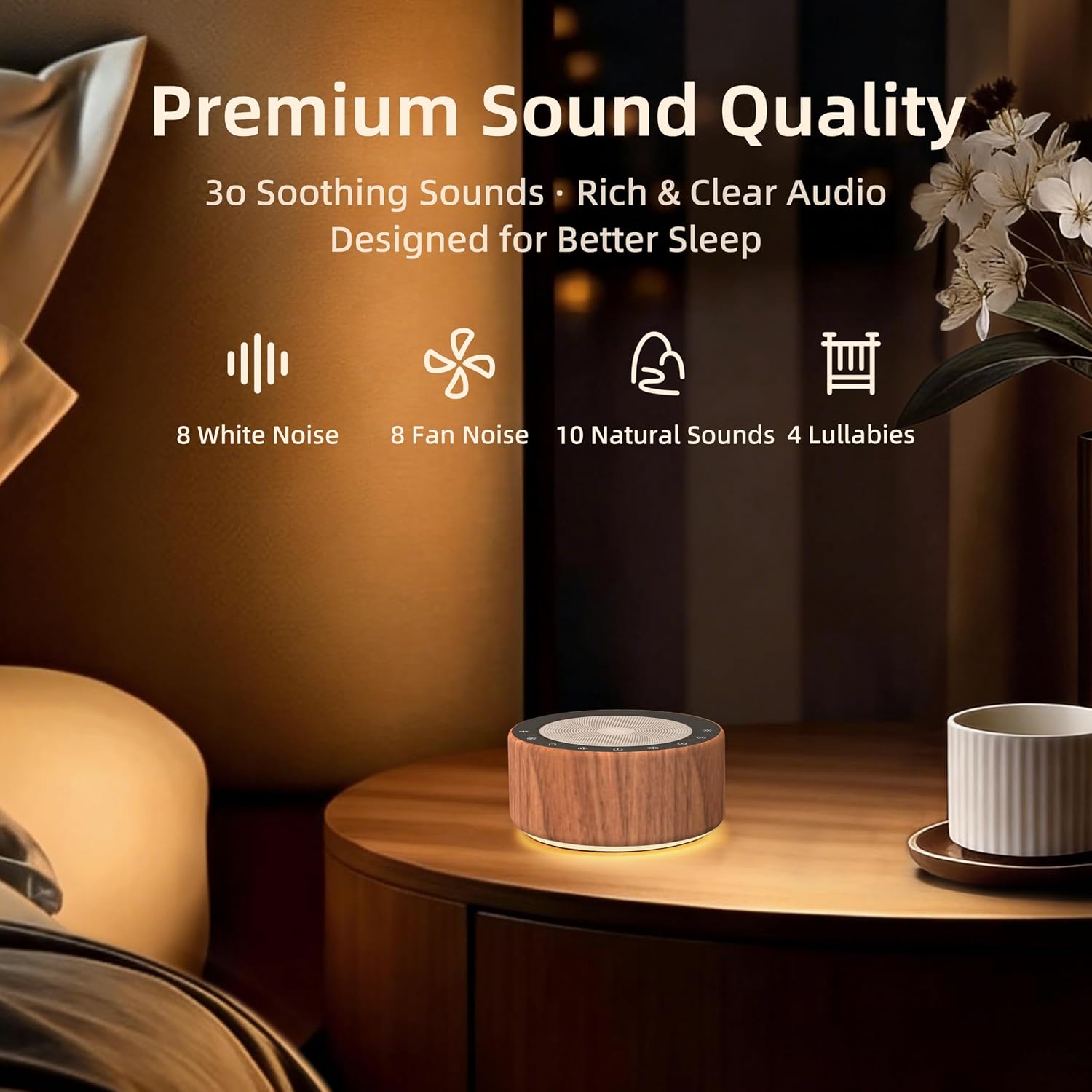 Kipcush White Noise Machine - Soft Non-Glare Nursery Lamp, 30 Soothing Sounds, 8 Color Lights, Max 8-Hour Timer for Baby & Adults (Walnut…