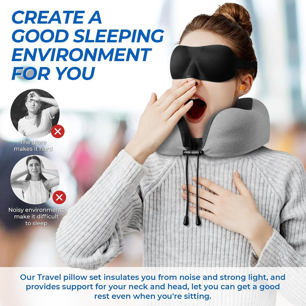 ExploreBliss Travel Pillow, Travel Pillows for Sleeping Airplane, Neck Pillow Airplane, Memory Foam Neck Pillow Set with Eye Mask, Earplugs…