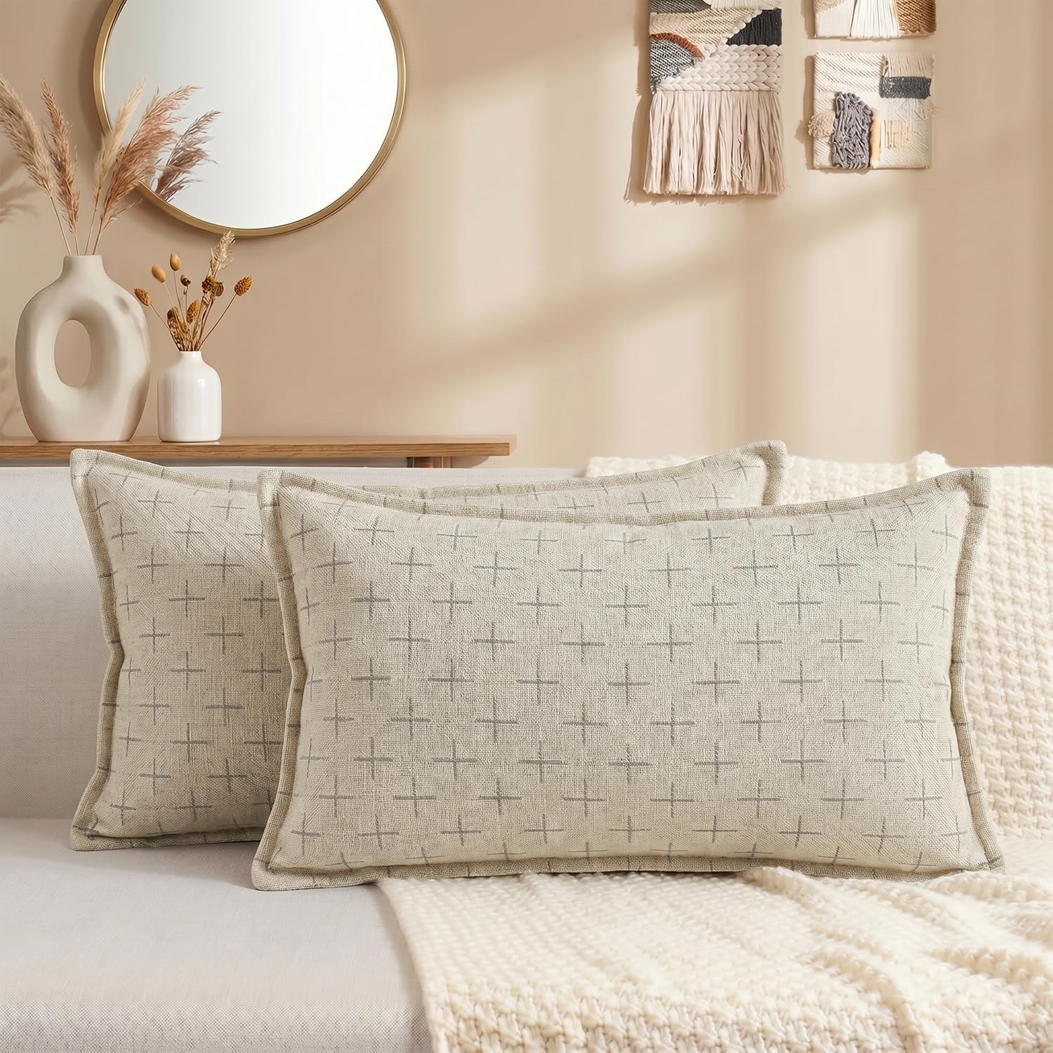 AVOINcolorlife AVOIN colorlife Pack of 2 Decorative Throw Pillow Covers 20x12 Inch, Flange Edges Woven Textured Cushion Case Home Decor for…