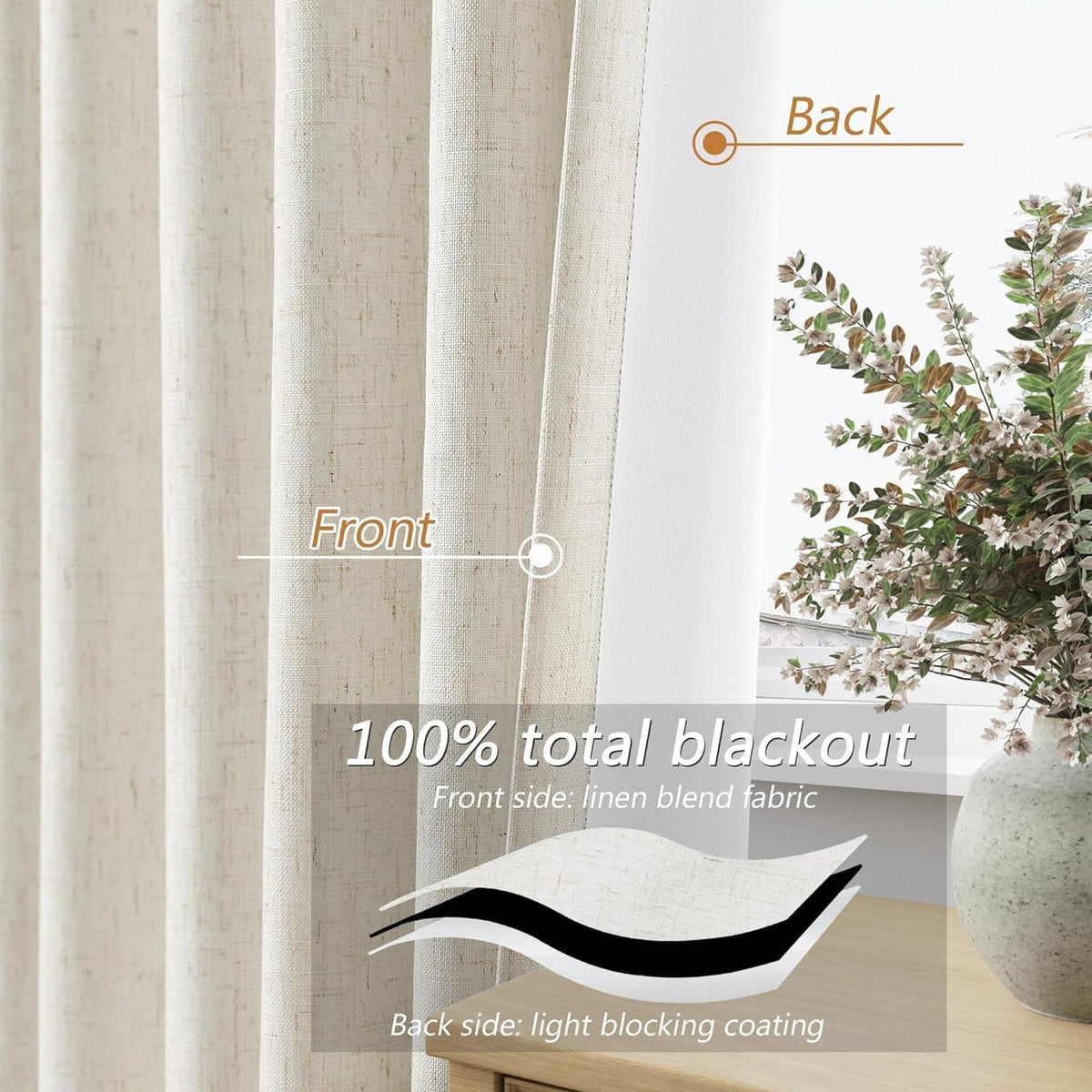 Guken Cream 100% Blackout Cream Linen Curtains 52 Inch Wide by 148 Inch 2 Panels Set for Living Room Bedroom Back Tab/Rod Pocket Thermal In…