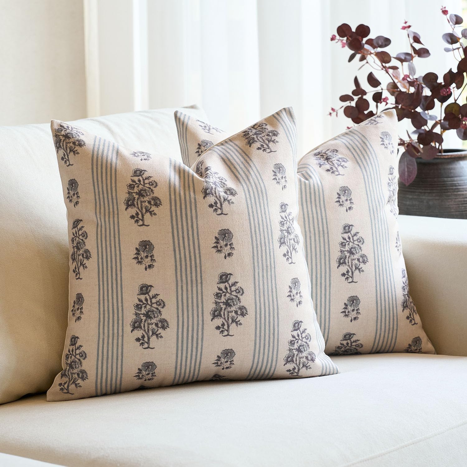 AffordableFloralPrintMaker Amor Virisso Floral Throw Pillow Covers 22x22 Set of 2 Block Print Pillow Covers Neutral Floral Striped Farmhous…