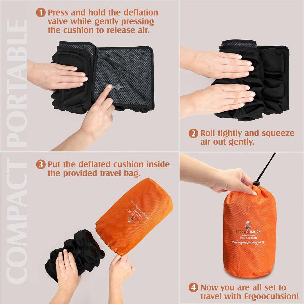 Inflatable Travel Seat Cushion with Built‐in Manual Pump, Adjustable Firmness & Compact Storage –Firm Support for Airplane, Car & Office…