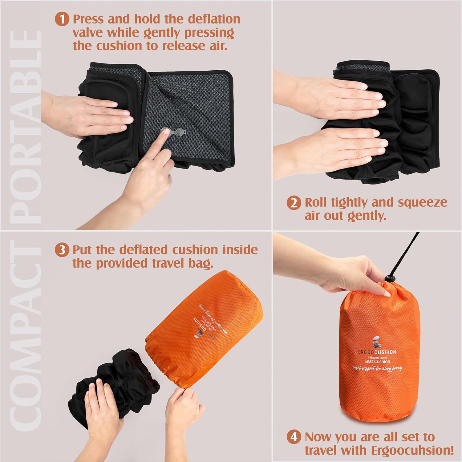 Inflatable Travel Seat Cushion with Built‐in Manual Pump, Adjustable Firmness & Compact Storage –Firm Support for Airplane, Car & Office…