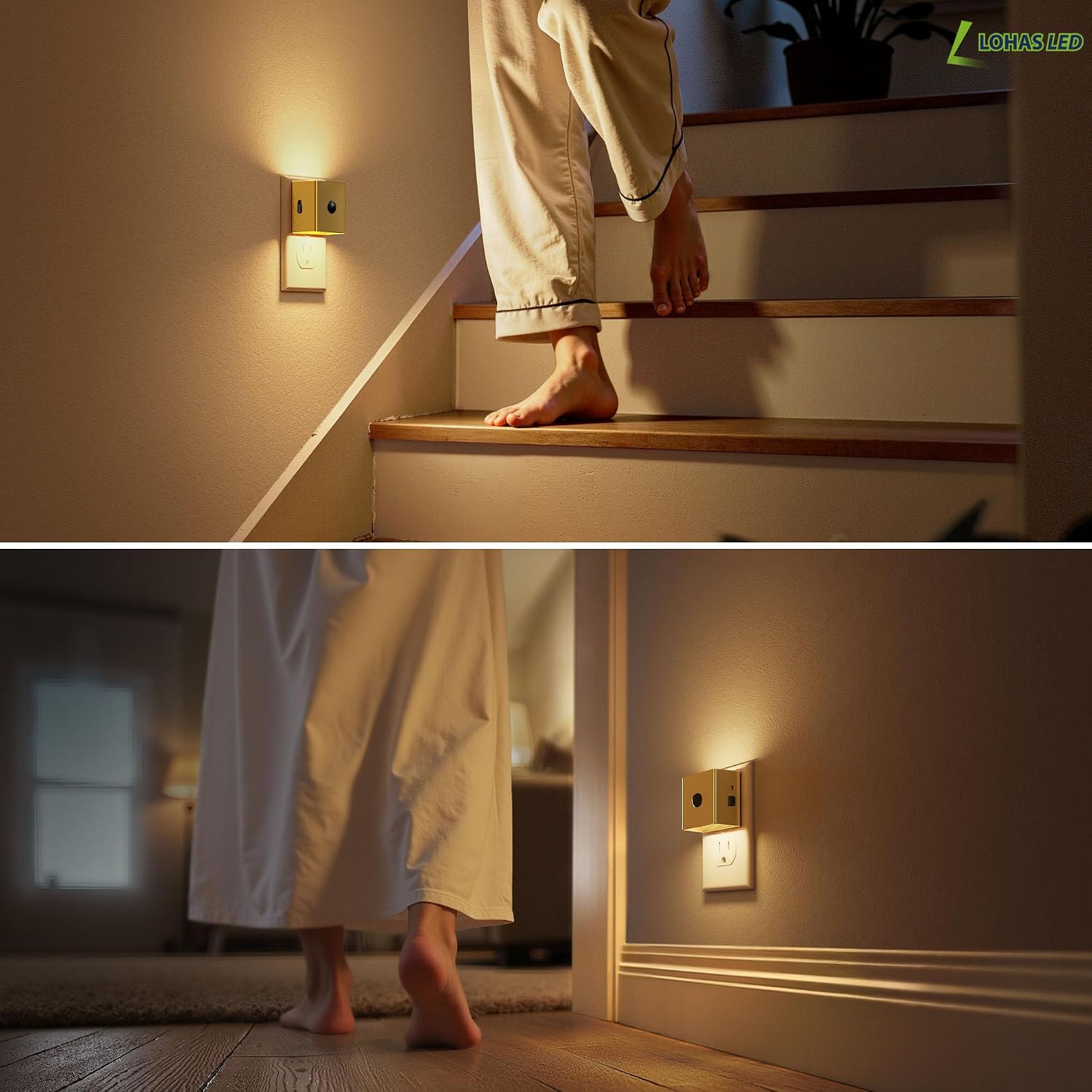 L LOHAS LED Night Light, Plug in Night Light with Motion Sensor and Dusk to Dawn Sensor, Brightness Adjustable,3000K Soft White, Gold…
