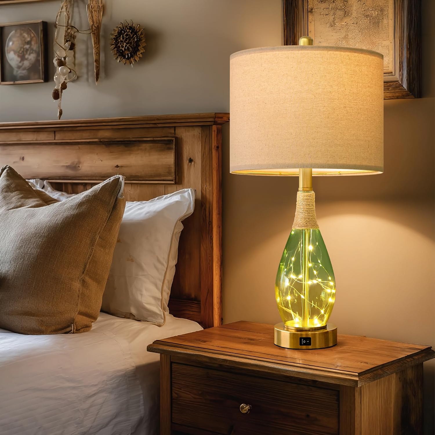 OYEARS 23" Table Lamps Set of 2, Farmhouse Lamps with Glass Nightlight, Bedside Lamps for Living Room, Rattan Lamps for Bedroom…