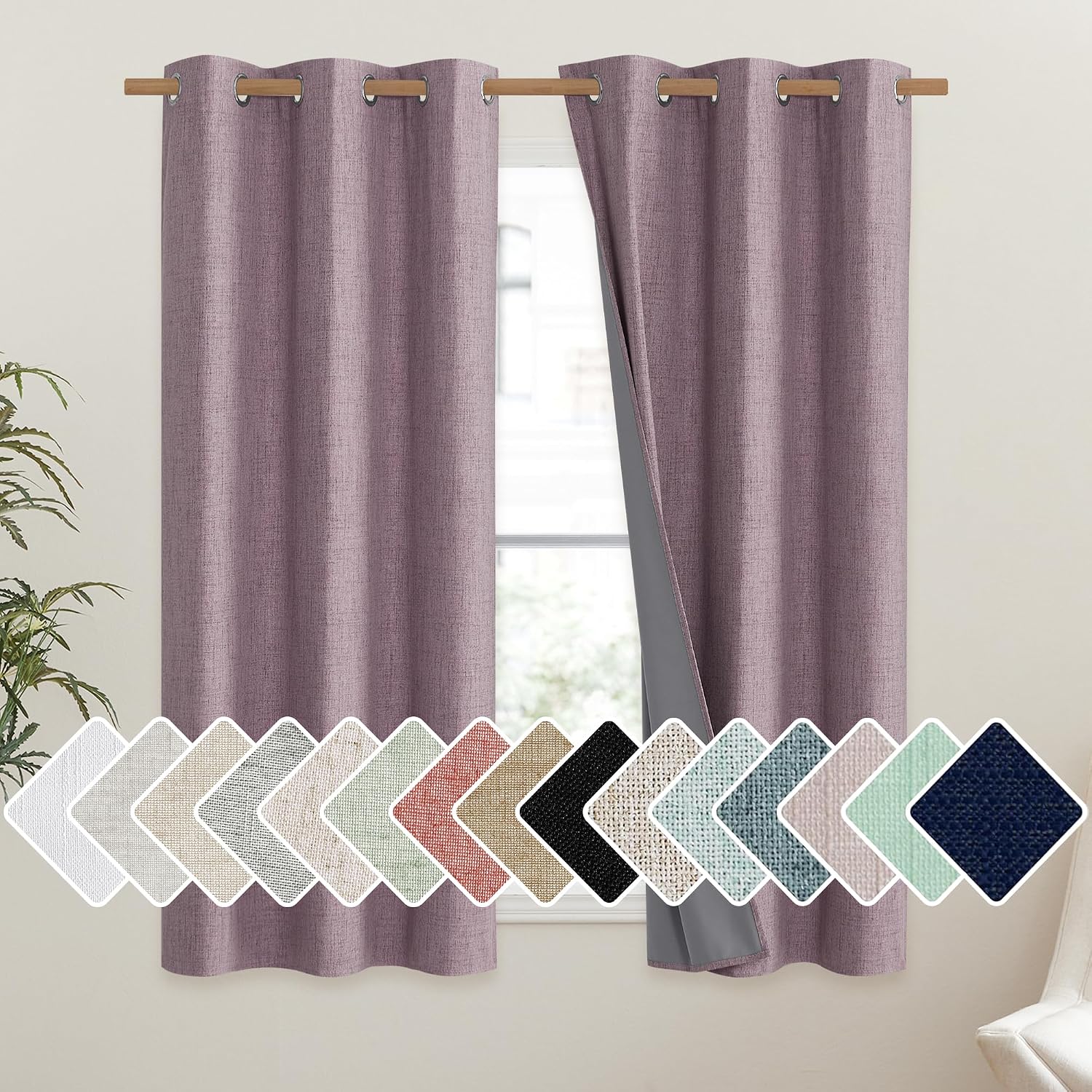 NICETOWN Chaise Mauve Vintage Linen 100% Blackout Curtains for Classroom, Thermal Insulated Curtains 63" Long, Noise Reducing Window…