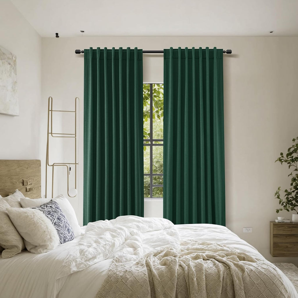 Guken Dark Green 100% Blackout Linen Curtains 84 Inch Length 2 Panels Set for Living Room Back Tab Thermal Insulated Black Out Drapes Room…