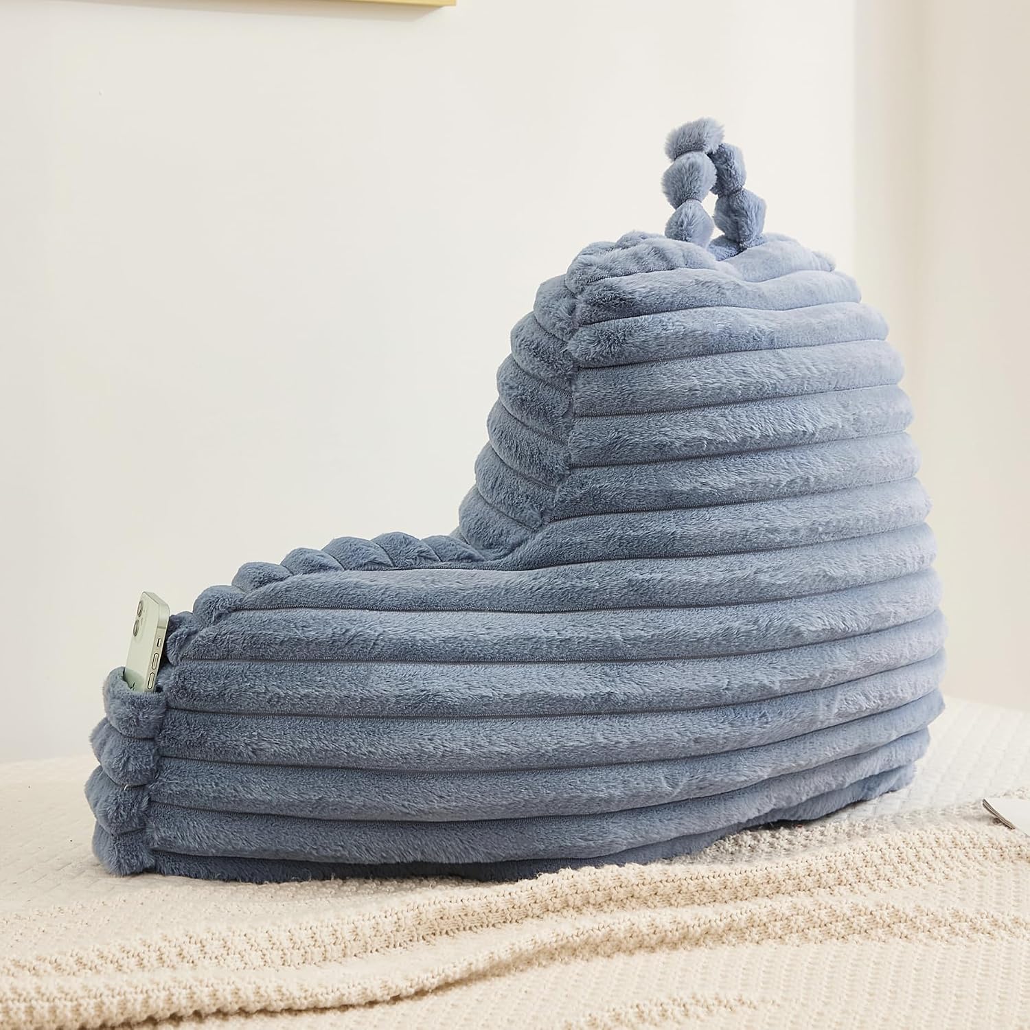 Memfydu Faux Fur Fluffy Dusty Blue Reading Pillow with Pockets, Luxury Striped Plush Decorative, Arm Rests and Back Support for Bed Rest, L…