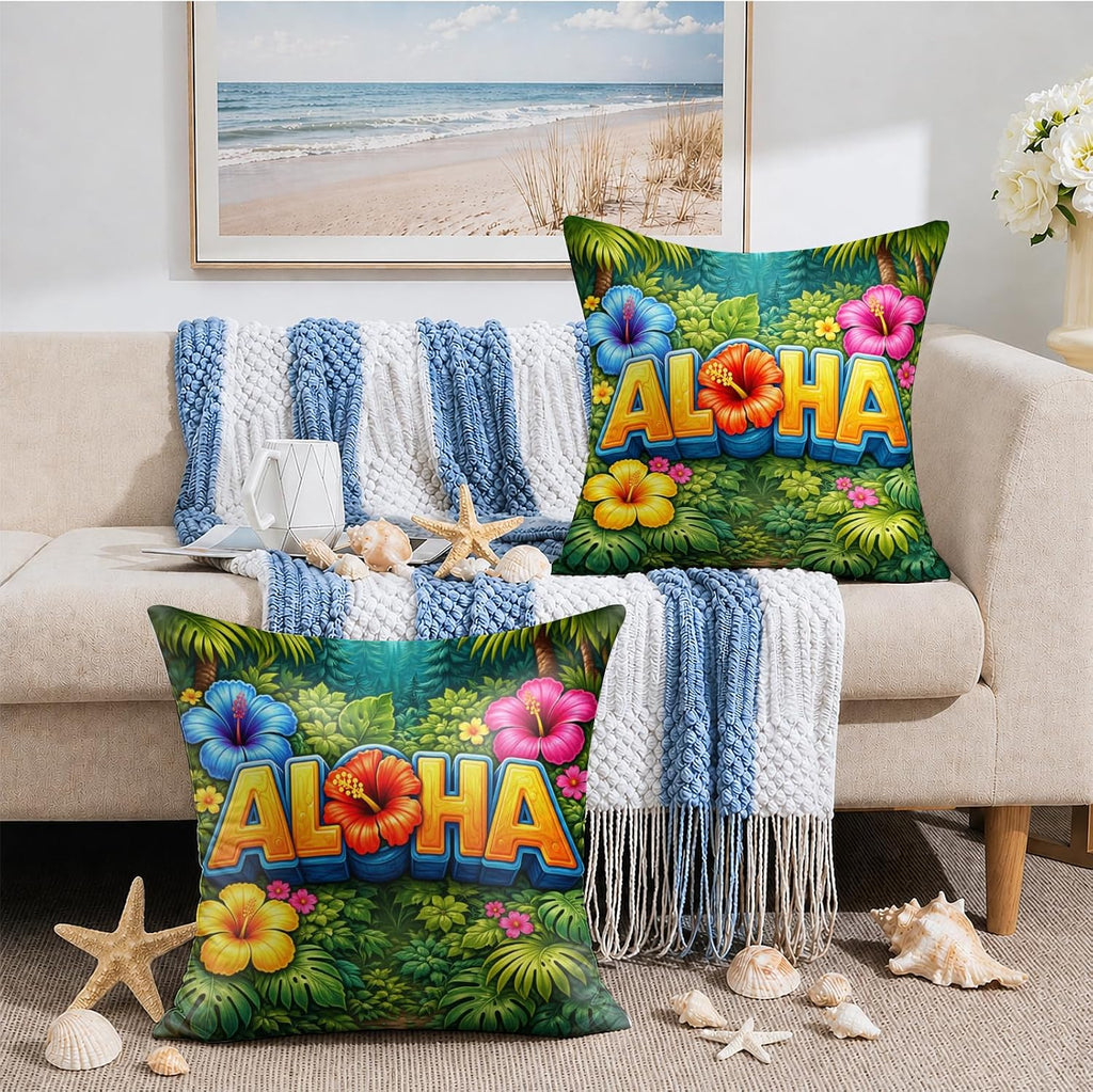 BlissYard Hawaiian Aloha Decorative Pillow Covers 18x18 Set of 2 Tropical Floral Pillow Covers Summer Island Cushion Covers for Sofa…