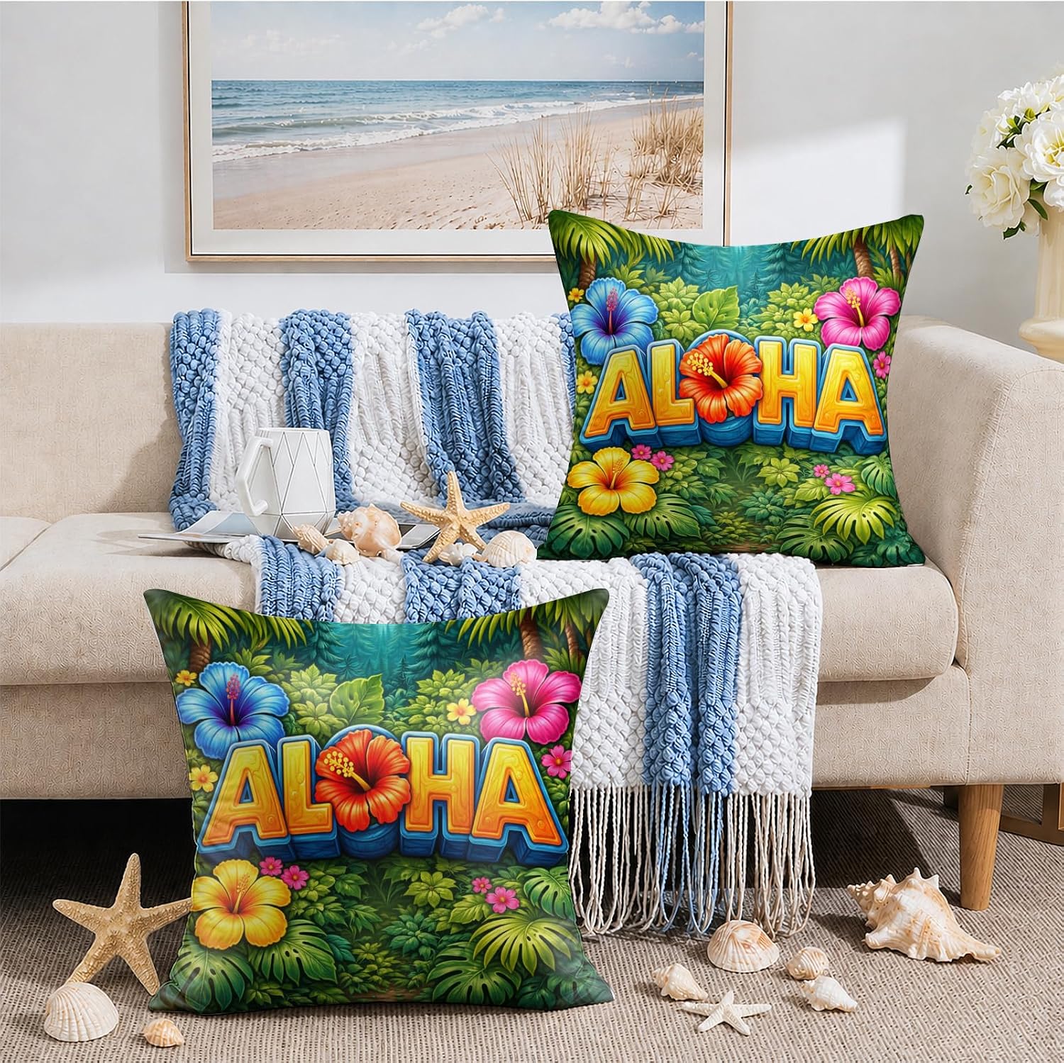 BlissYard Hawaiian Aloha Decorative Pillow Covers 18x18 Set of 2 Tropical Floral Pillow Covers Summer Island Cushion Covers for Sofa…