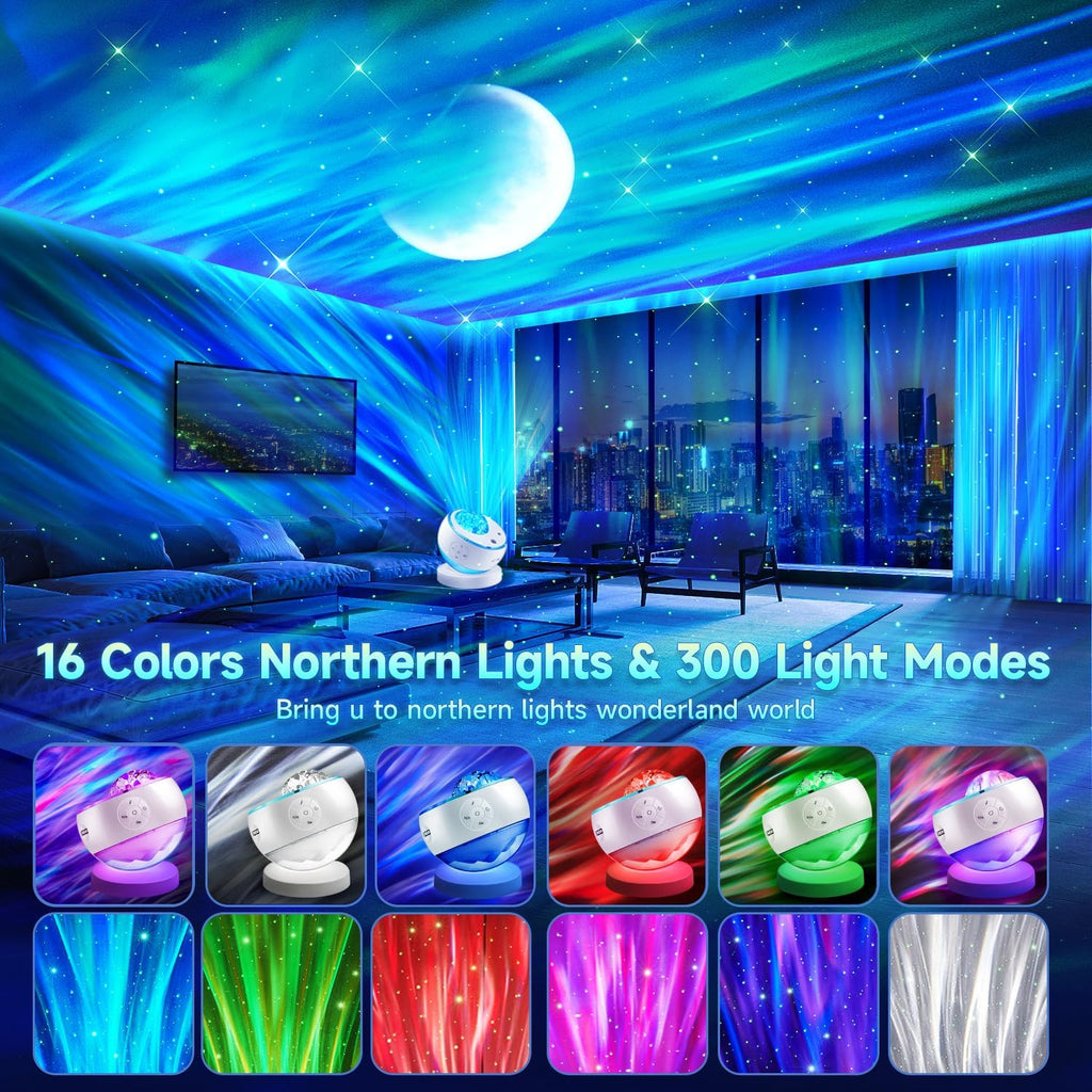 Northern Lights Projector,300+Color Modes Galaxy Projector for Bedroom, 15 White Noise, 5Moon Star Projector, Bluetooth, Remote Timer…