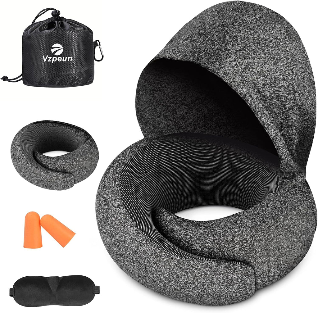 Vzpeun Travel Pillow - Hooded Neck Pillow Airplane Memory Foam Filling for Plane, Office, Cars Sleeping, Road Trip, Long Flights, Airplane…