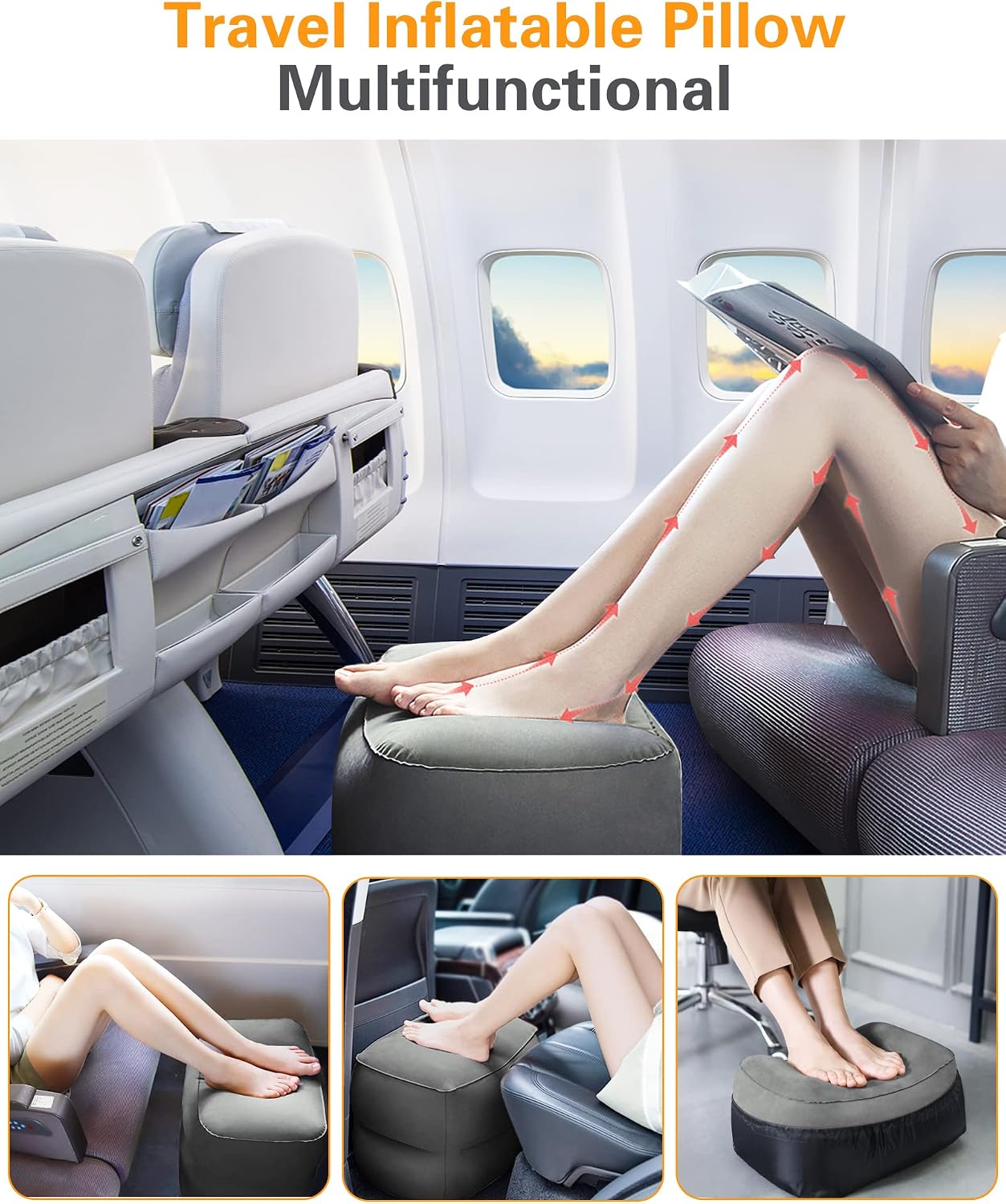 Sunany Inflatable Foot Rest Pillow for Airplane - Kids/Adults - Adjustable Height Cushions, to Sleep While Traveling, Suitable for Office, Ho…