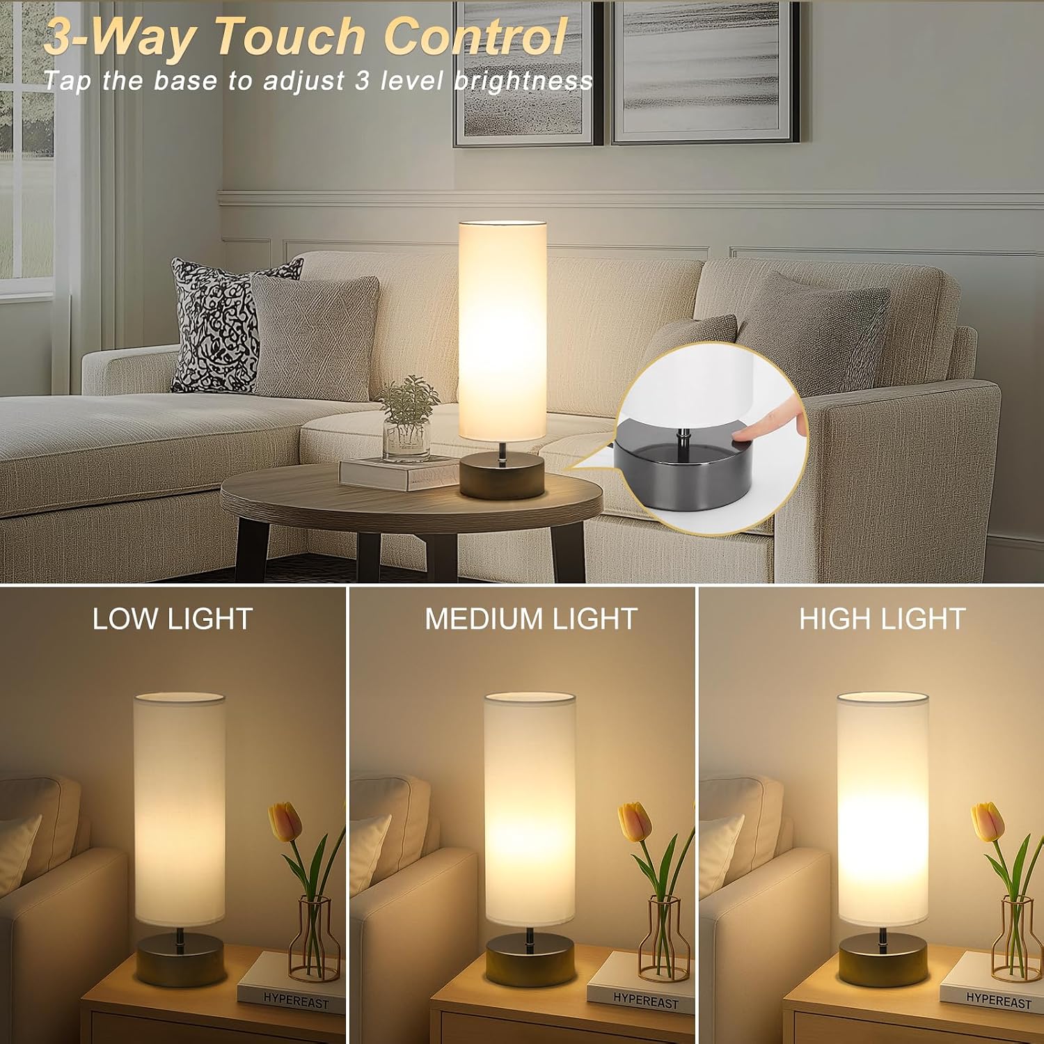 Touch Table Lamp, 3-Way Dimmable Modern Minimalist Accent Bedside Lamp with Cylinder Fabric Shade, Night Light Nightstand Desk Lamp for…