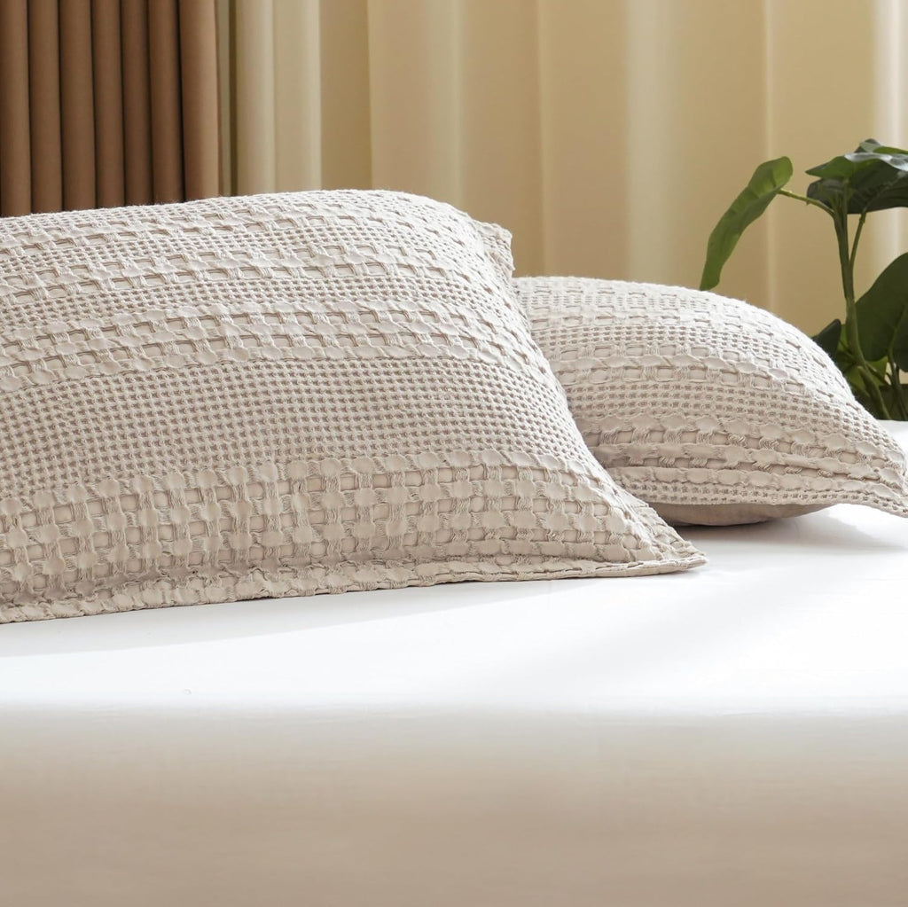 Phf 100% Cotton Ruffle Waffle Pillow Shams Standard Size, 2 Pack 20" x 26" Soft Skin-Friendly Pillowcases, No Filling, Aesthetic Home Decor…
