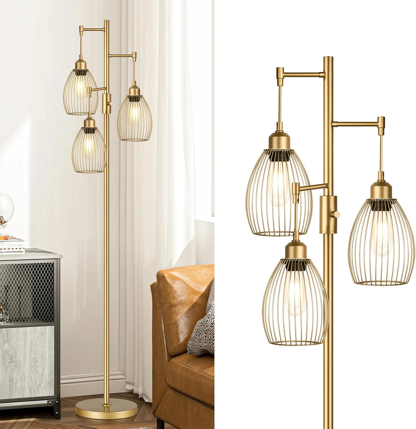Dimmable Floor Lamp, Industrial Floor Lamps for Living Room, Gold Tree Lamp Standing Lamp Tall Lamps with 3 Elegant Teardrop Cage Head &…