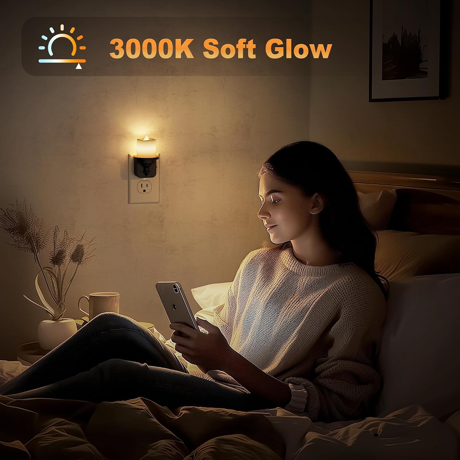 JandCase Flameless Candle Night Light, 2 Pack Night Lights Plug into Wall, 3000K Soft White, 0-100LM Dimmable Nightlight, Dusk to Dawn…
