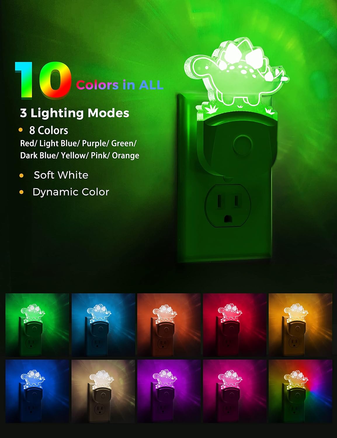 L LOHAS LED Night Light for Kids with Dusk to Dawn Sensor, Dinosaur Nightlight for Boys, Stegosaurus LED Night Light Plug in, RGB + Soft…