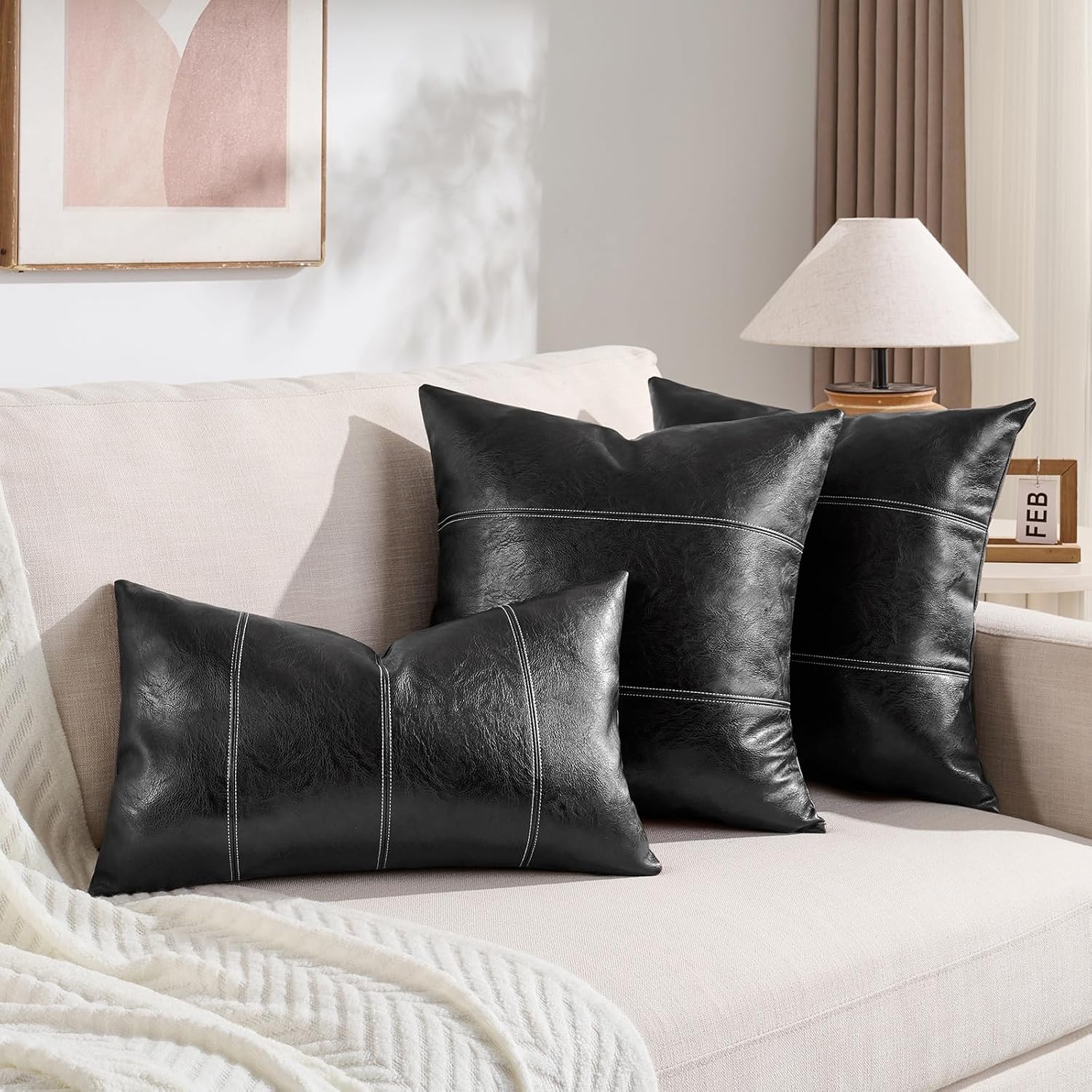 Fancy Homi Black Boho Faux Leather Decorative Throw Pillow Covers 18x18 Inch for Living Room Couch Bed Sofa, Rustic Modern Farmhouse Home…