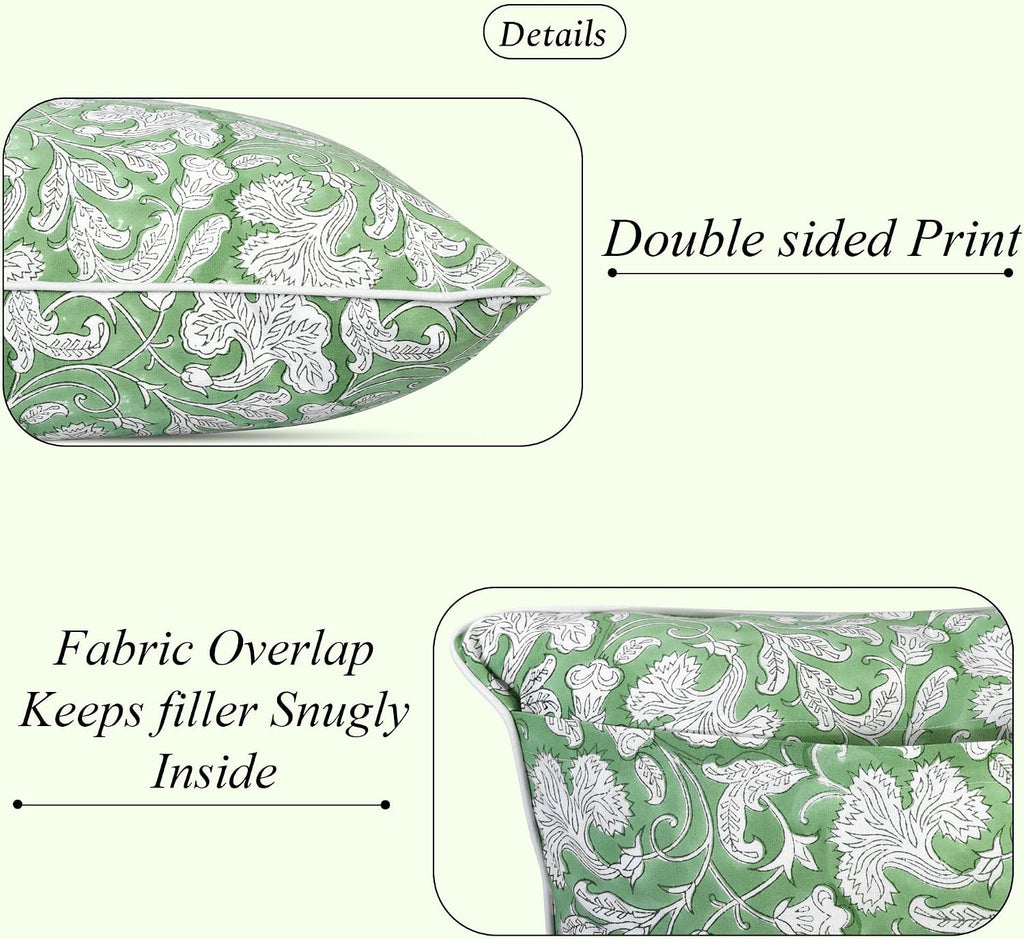 Ridhi Block Print Sage Green Pillow Cover 18" x 18" (Pack of 2) Decorative Couch Pillows for Living Room, Farmhouse Chic Boho Cute Outdoor…