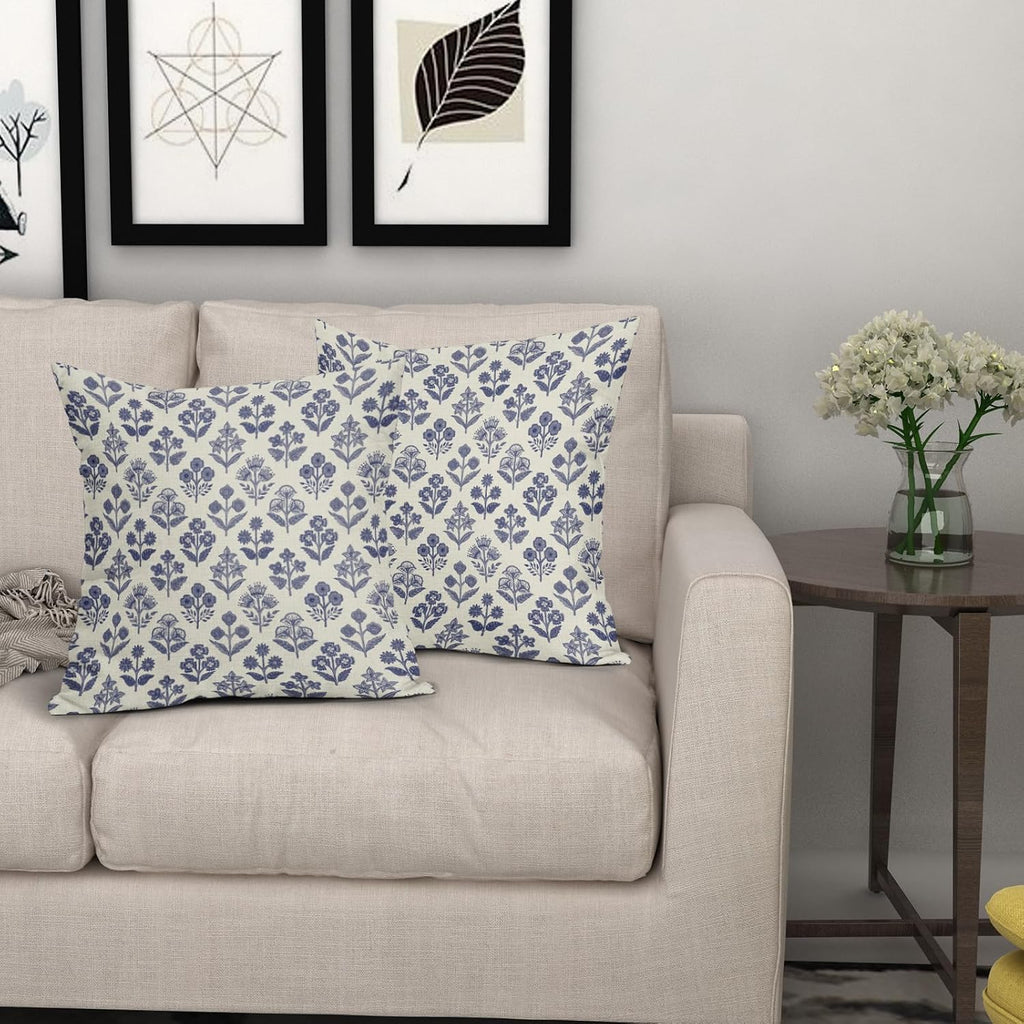 Navy Blue Floral Pillow Covers 22x22 Inch Set of 2, Vintage Flower Block Print Pattern Decorative Throw Pillowcases Outdoor Farmhouse…