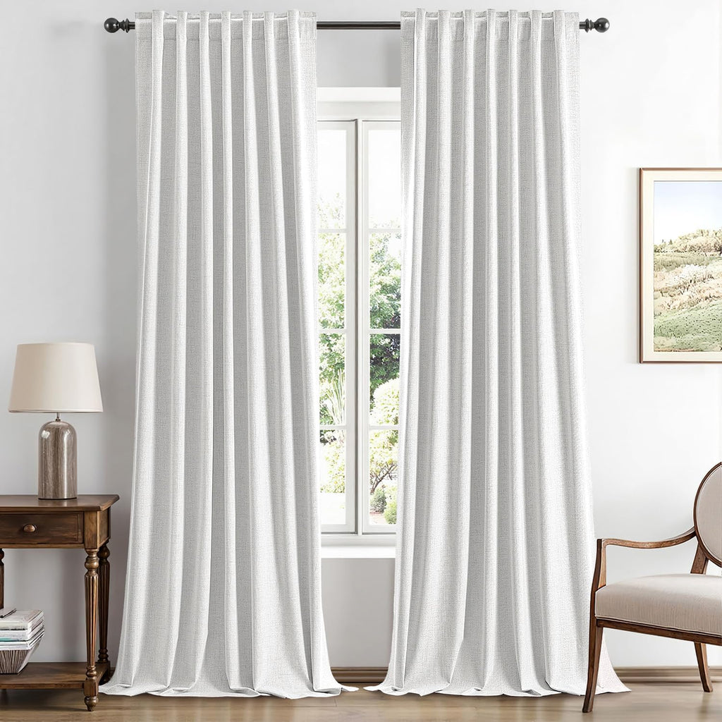 Miulee 100% Blackout Linen Curtains for Bedroom, Heathered White Solid Luxury Decor Thermal Insulation Room Darkening Drapes for Living Roo…