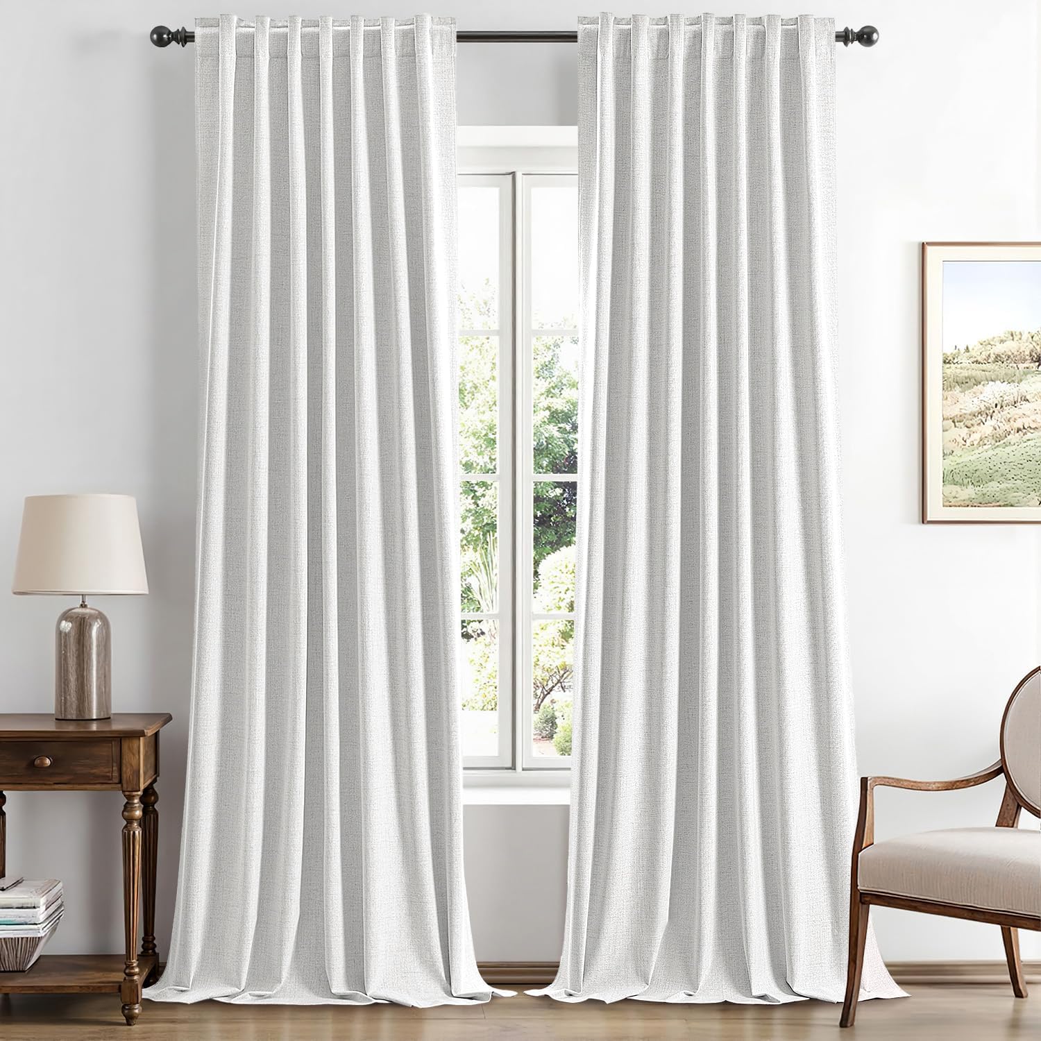 Miulee 100% Blackout Linen Curtains for Bedroom, Heathered White Solid Luxury Decor Thermal Insulation Room Darkening Drapes for Living Roo…